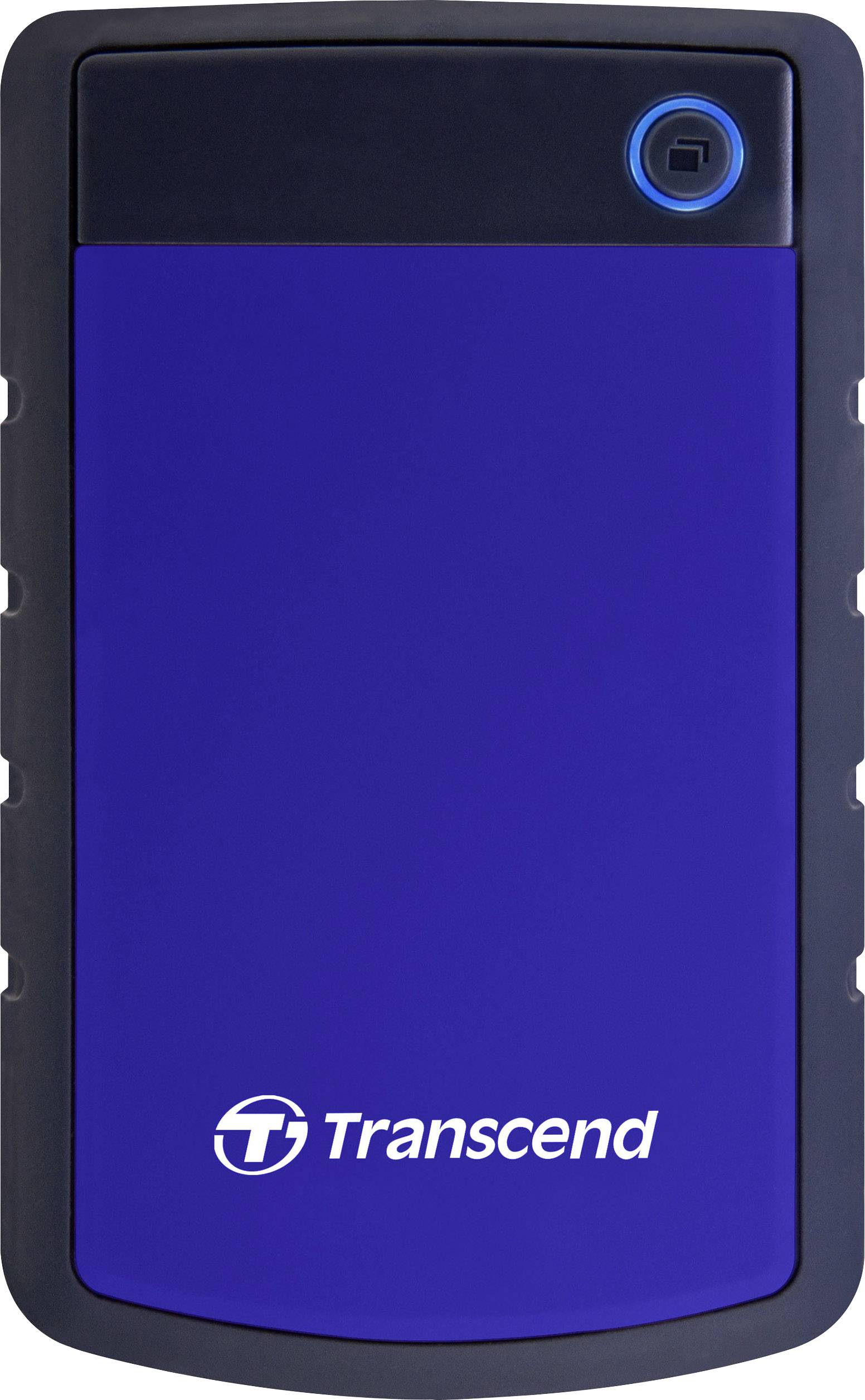 Eine externe Festplatte von Transcend in schwarz-blau; robustes Gehäuse; oben ein blauer Knopf; eignet sich zur Datensicherung.