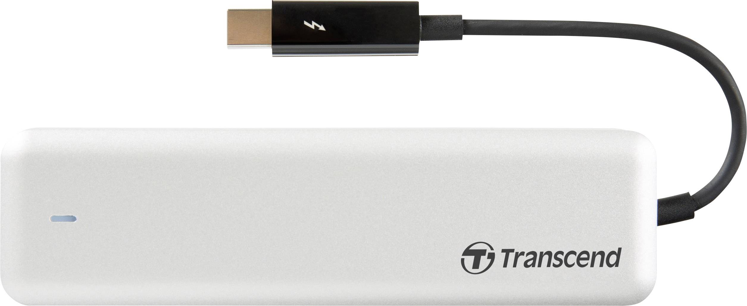 Eine weiße, tragbare SSD der Marke Transcend, verbunden mit einem USB-C-Kabel. Die SSD hat ein minimalistisches Design.