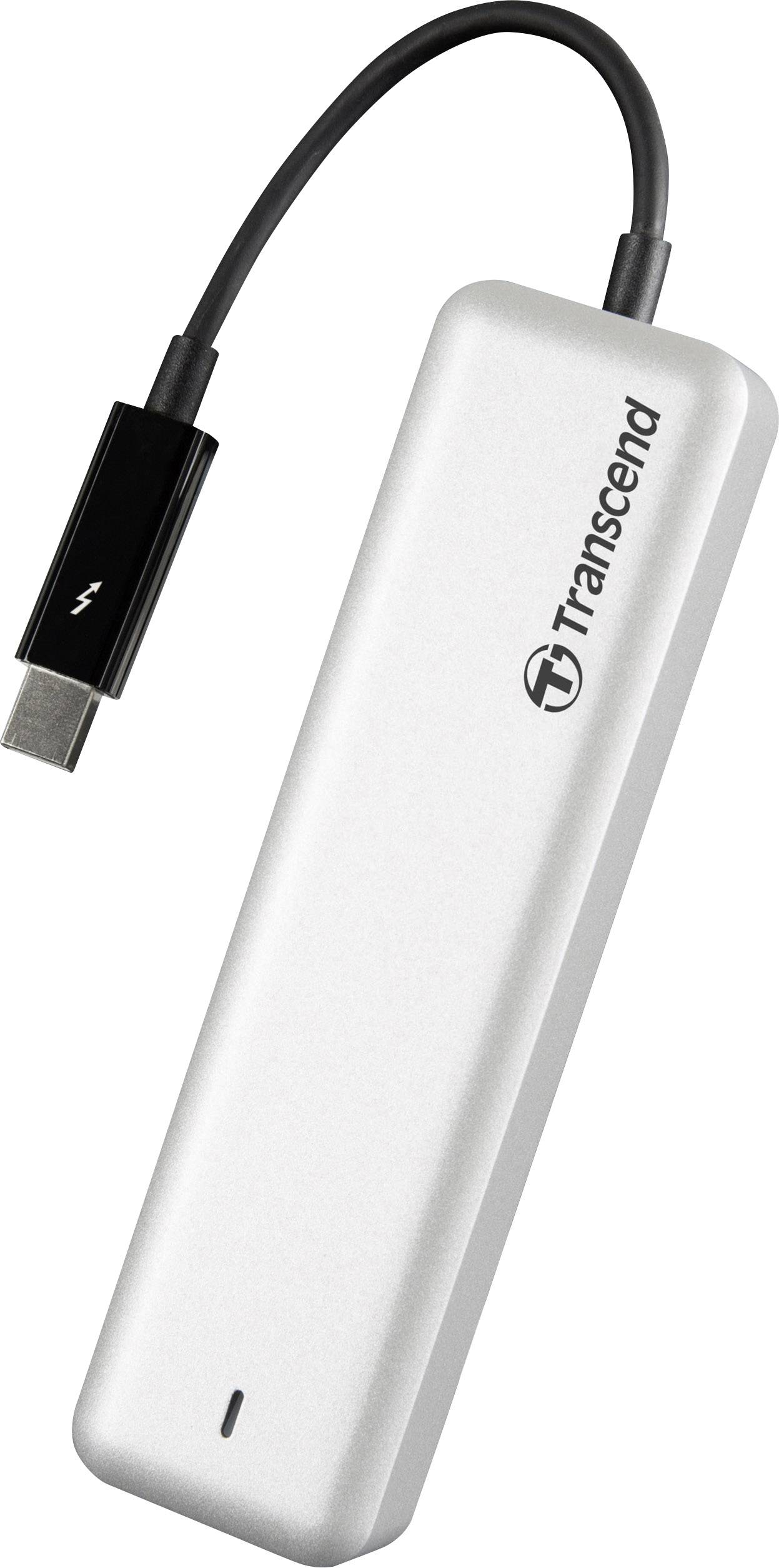 Silberne Transcend USB-C-Hub mit integriertem Kabel und Logo. Geeignet zum Anschließen mehrerer Geräte an einen Computer.