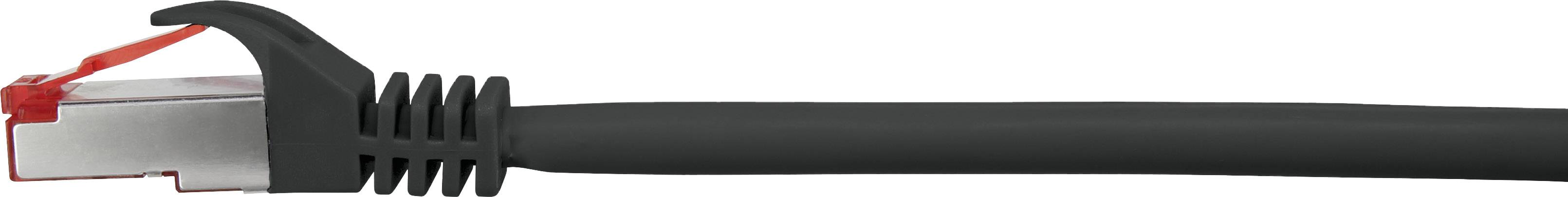 Ethernet-Kabel mit schwarzem Kabelmantel und silbernem, rotem Stecker in Nahaufnahme.