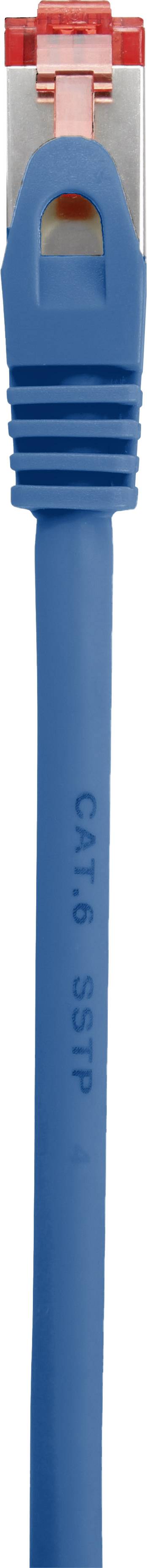 Nahaufnahme eines blauen Ethernet-Kabels mit einem roten Anschlussstecker oben.