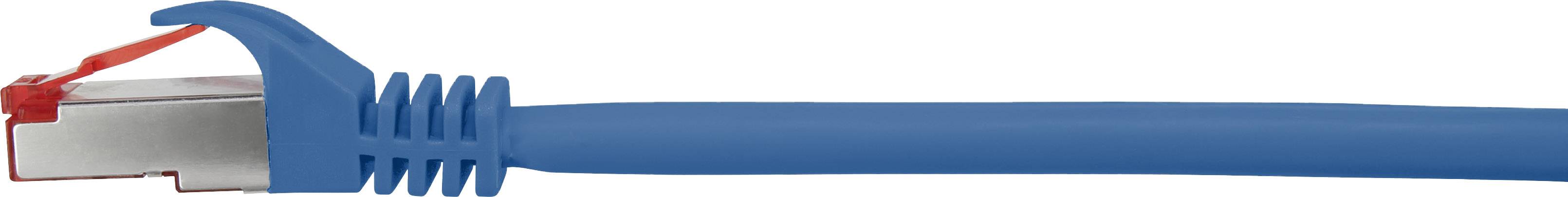 Blauer Ethernet-Kabelstecker mit roter Lasche.