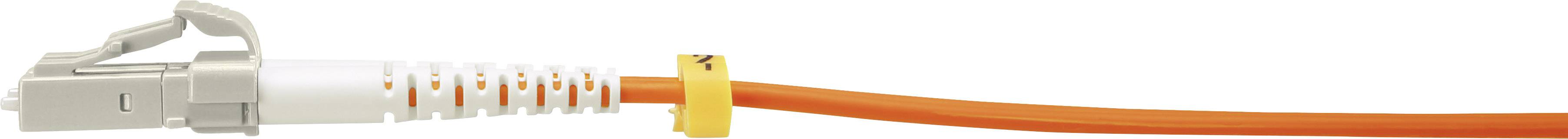 Ein orangefarbenes Netzwerkkabel mit einem silbernen Stecker, oft in IT-Netzwerken verwendet, liegt horizontal auf weißem Hintergrund.