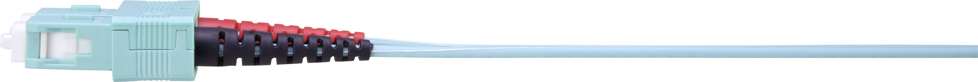 Ein Lichtwellenleiterkabel mit einem blauen Stecker und roten Endkappen, verwendet für die schnelle Datenübertragung in Netzwerken.