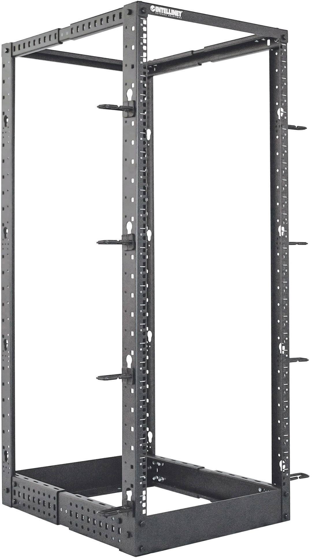 Ein schwarzes Metallregal, vermutlich ein Fitness-Squat-Rack, mit zahlreichen Befestigungslöchern an den Seiten, geeignet für Gewichte.