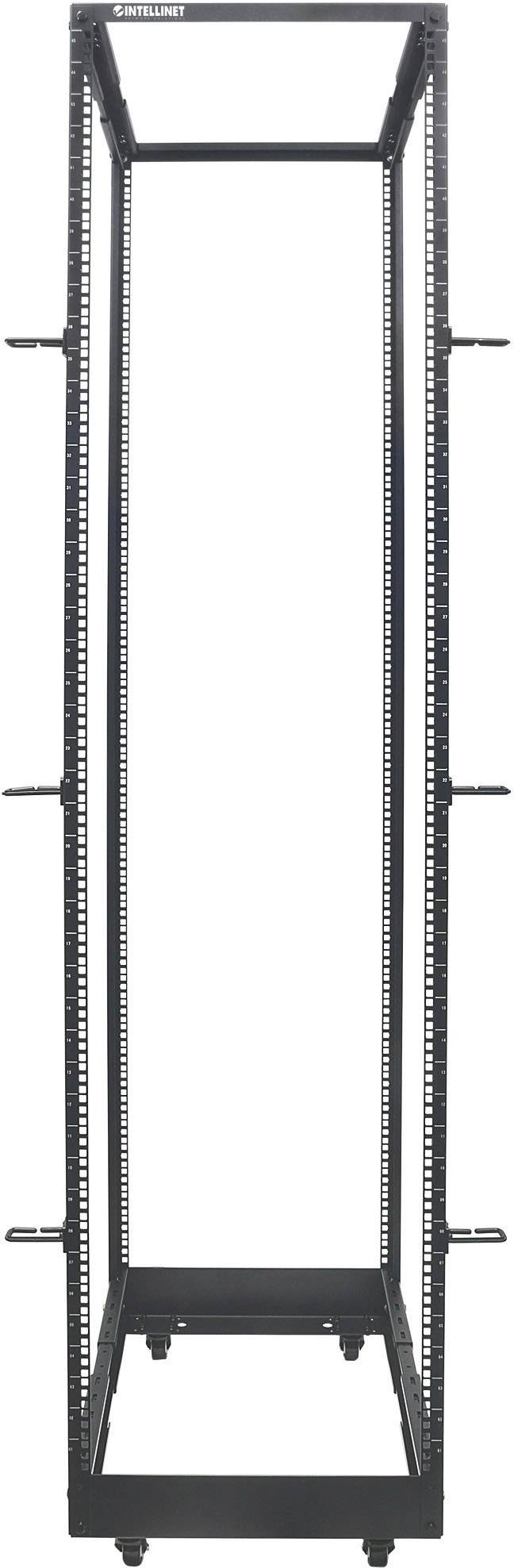 Ein schwarzes, offenes 4-Post-Rack für Server oder Netzwerkgeräte. Es hat vertikale Pfosten und ist für die Montage von IT-Hardware geeignet.