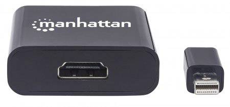 Ein schwarzer HDMI-Adapter von Manhattan, bestehend aus einem großen und einem kleinen Anschluss, zum Konvertieren von Signaltypen.