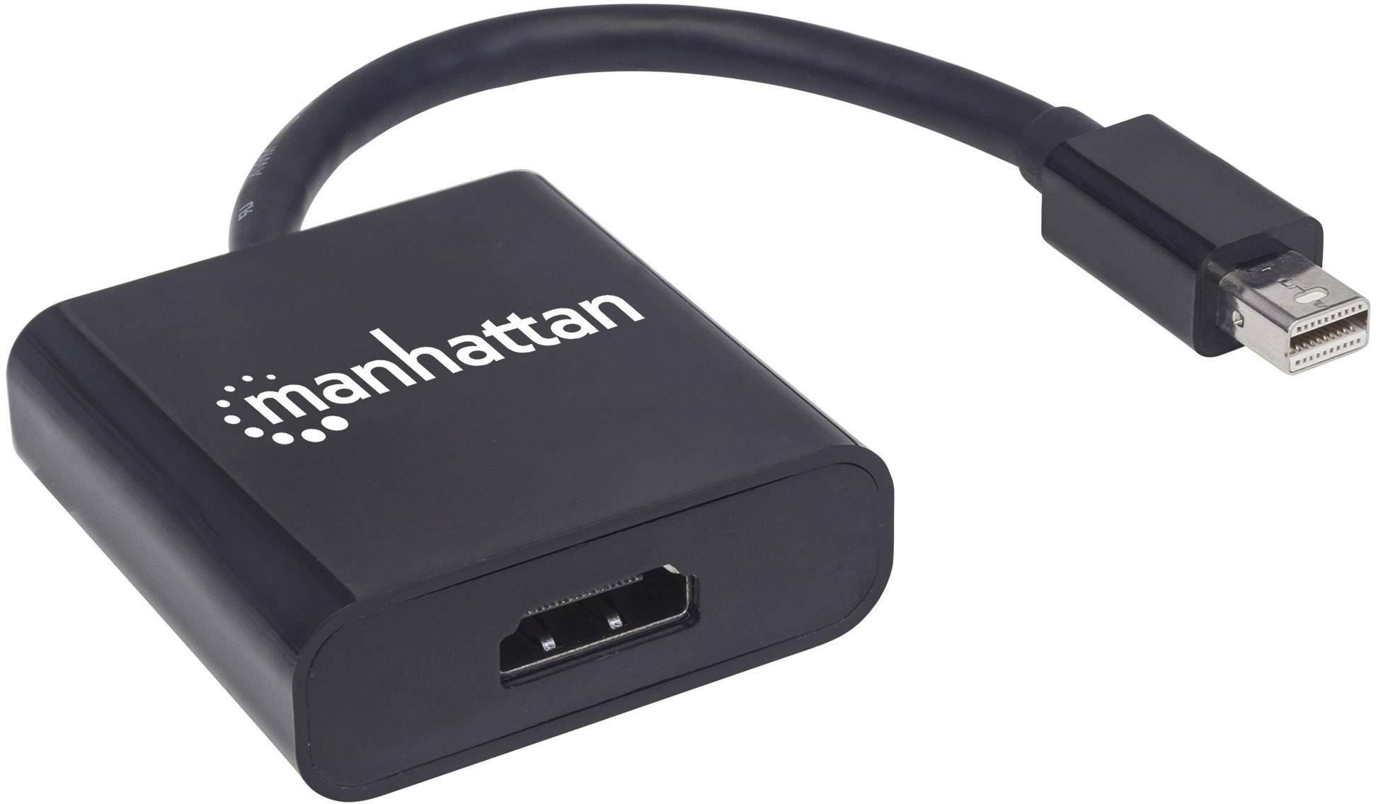 Schwarzer HDMI-Adapter mit Mini DisplayPort-Stecker, markiert mit 'manhattan'; verbindet Geräte mit HDMI-Ausgang zu DisplayPort-Eingang.