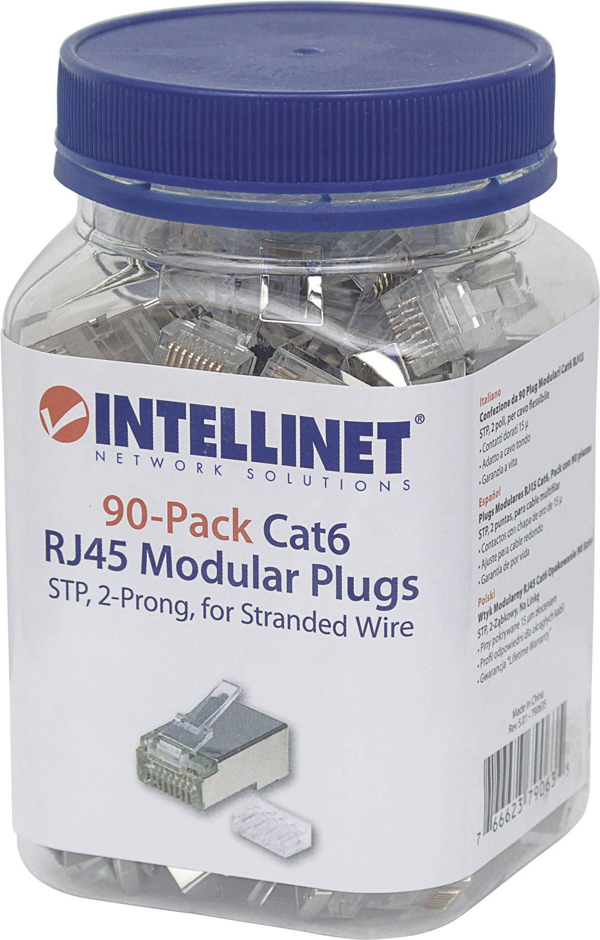 Behälter mit 90 Cat6 RJ45 Modularsteckern, geeignet für verdrillte Drähte. Verpackung von Intellinet Network Solutions.