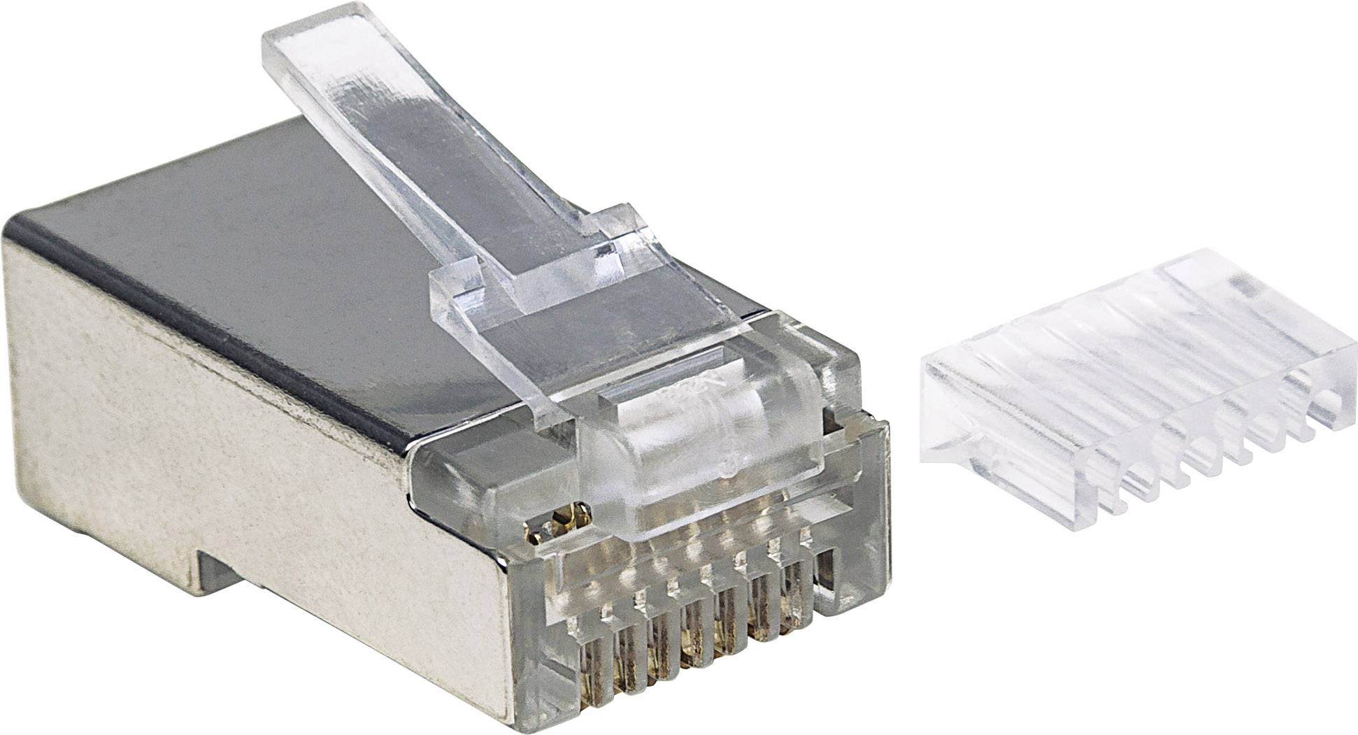 Ein metallischer RJ-45-Stecker neben einem durchsichtigen Kunststoffschutz. Der Stecker hat acht Kontakte und wird für Netzwerkkabel verwendet.
