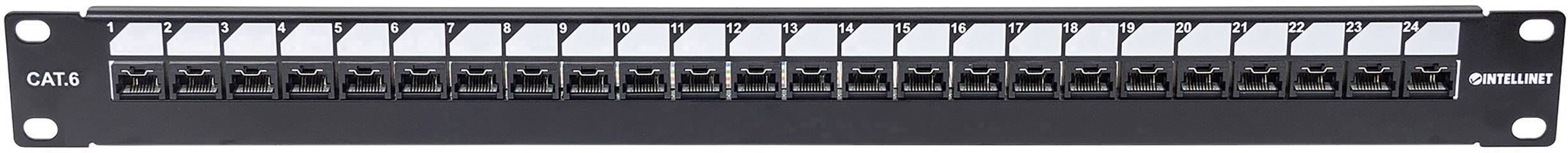 Patchpanel mit 24 Ethernet-Anschlüssen, geeignet für Netzwerkkabel-Management in IT-Umgebungen. Schwarz, 19-Zoll-Rack-kompatibel.