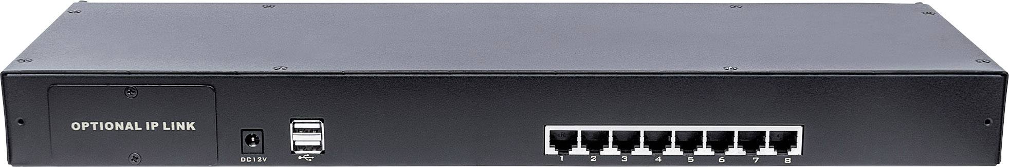Ein schwarzer Netzwerk-Switch mit acht Ethernet-Ports, Schalter an der linken Seite und einem optionalen IP-Link-Anschluss.