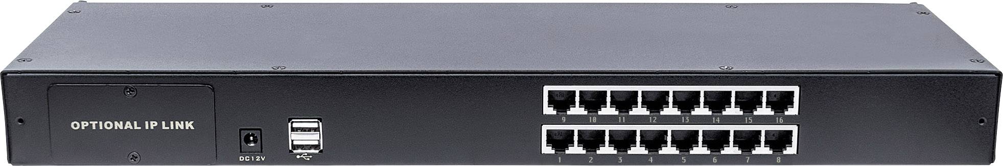 Ein schwarzer, rechteckiger Netzwerkswitch mit 16 Ethernet-Ports auf der Vorderseite. Links befinden sich ein Schalter und zwei USB-Anschlüsse.