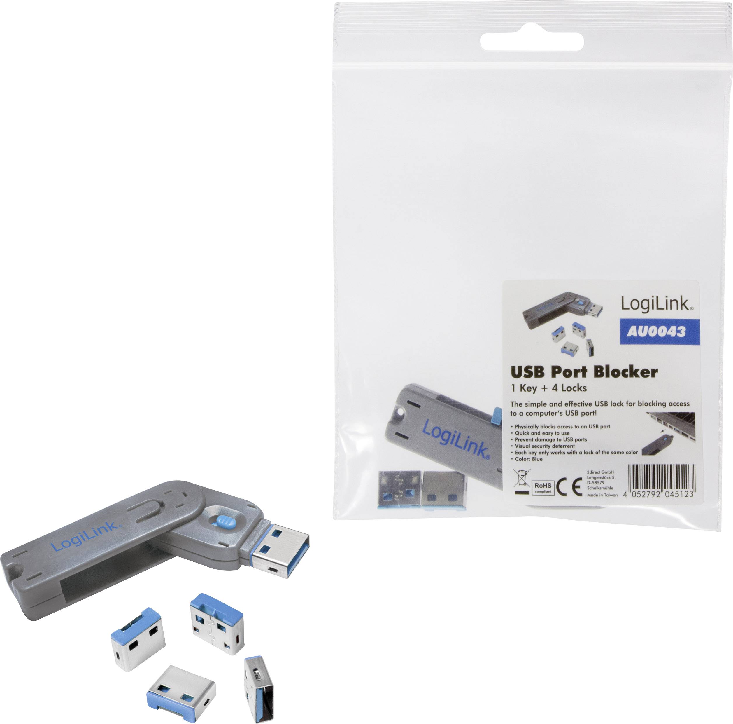 LogiLink USB-A Port Schloss USB PORT LOCK, 1 KEY + 4 LOCKS 4er Set Silber, Blau inkl. 1 Schlüssel AU0043