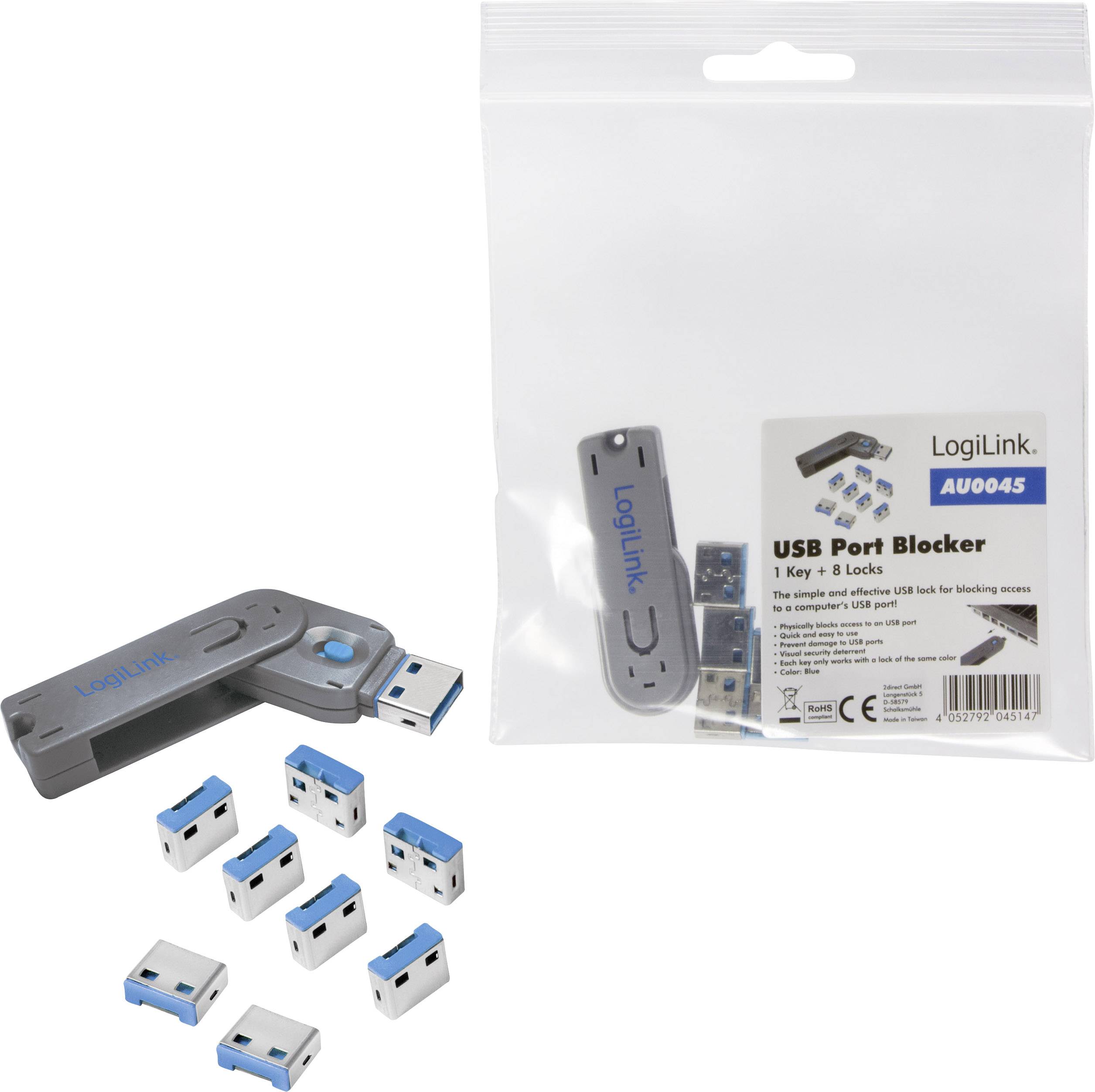 LogiLink USB-A Port Schloss USB PORT LOCK, 1 KEY + 8 LOCKS 8er Set Silber, Blau inkl. 1 Schlüssel AU0045