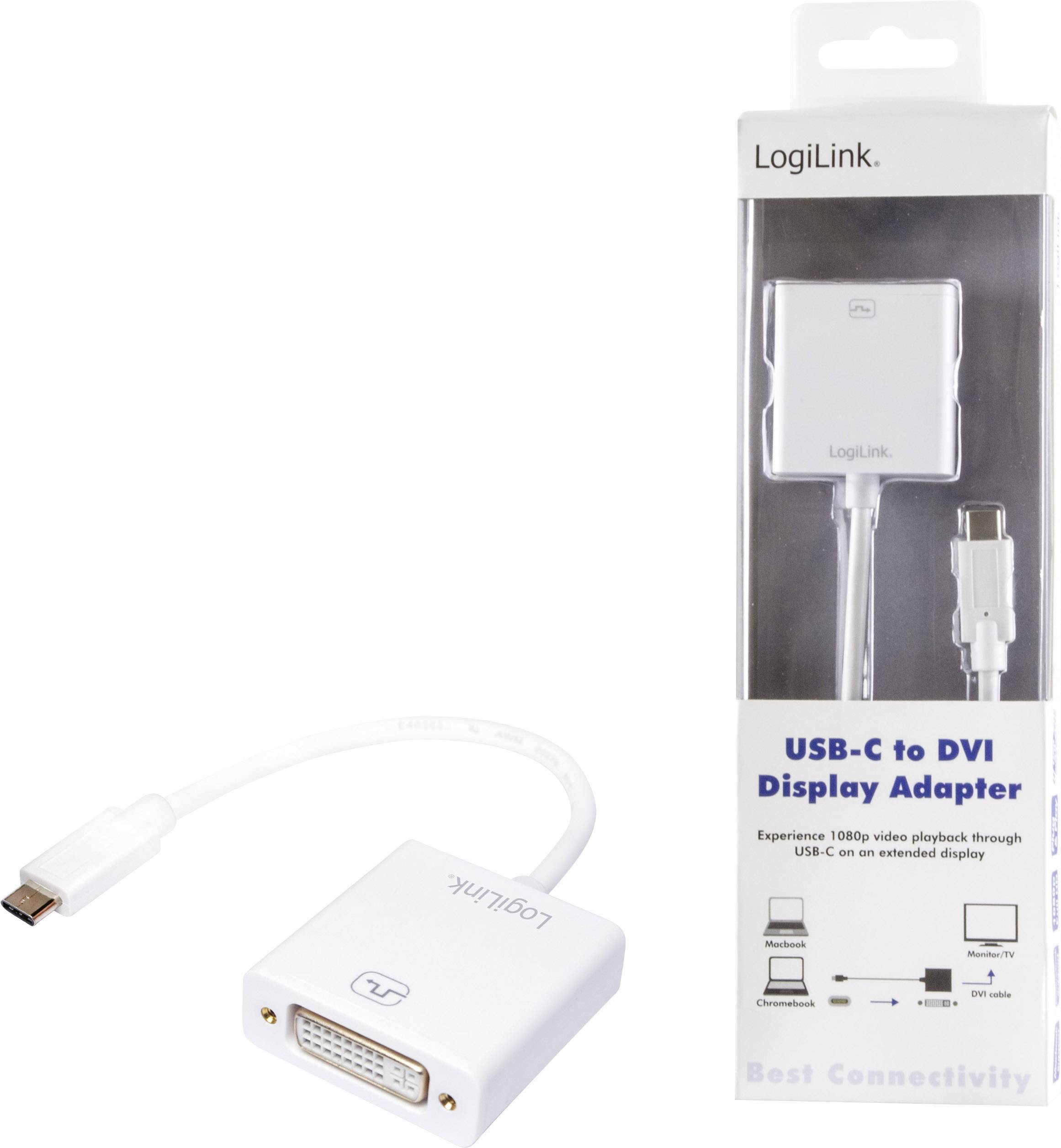 'USB-C zu DVI Display Adapter' von LogiLink in Verpackung. Der Adapter ermöglicht 1080p Videowiedergabe über USB-C auf DVI-Displays.