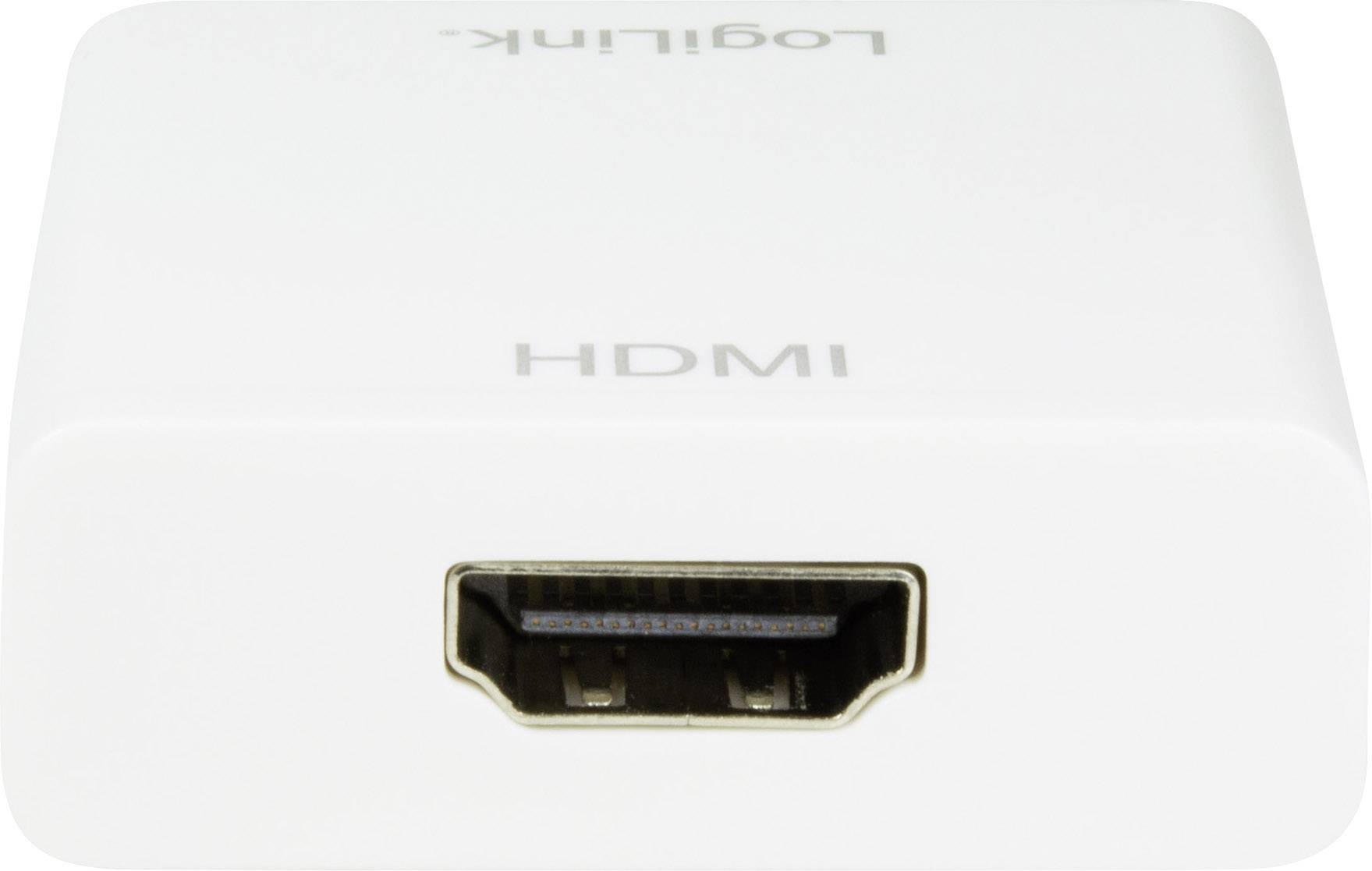 Ein HDMI-Adapter mit der Aufschrift 'Logilink' oben, zeigt eine HDMI-Buchse.
