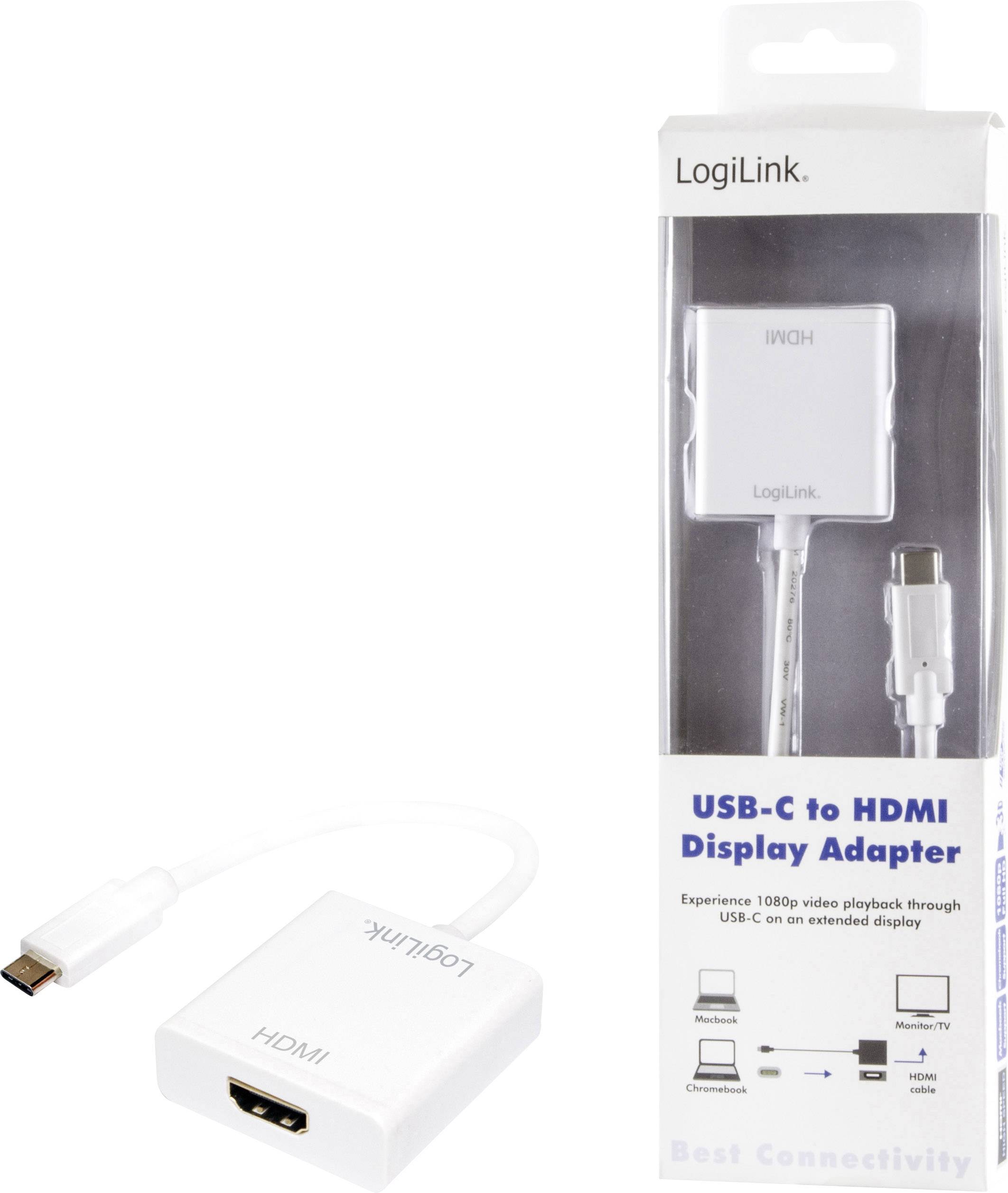 USB-C-zu-HDMI-Displayadapter von LogiLink, gezeigt in Verpackung und ausgepackt. Erleichtert die Verbindung von USB-C-Geräten zu HDMI-Displays.