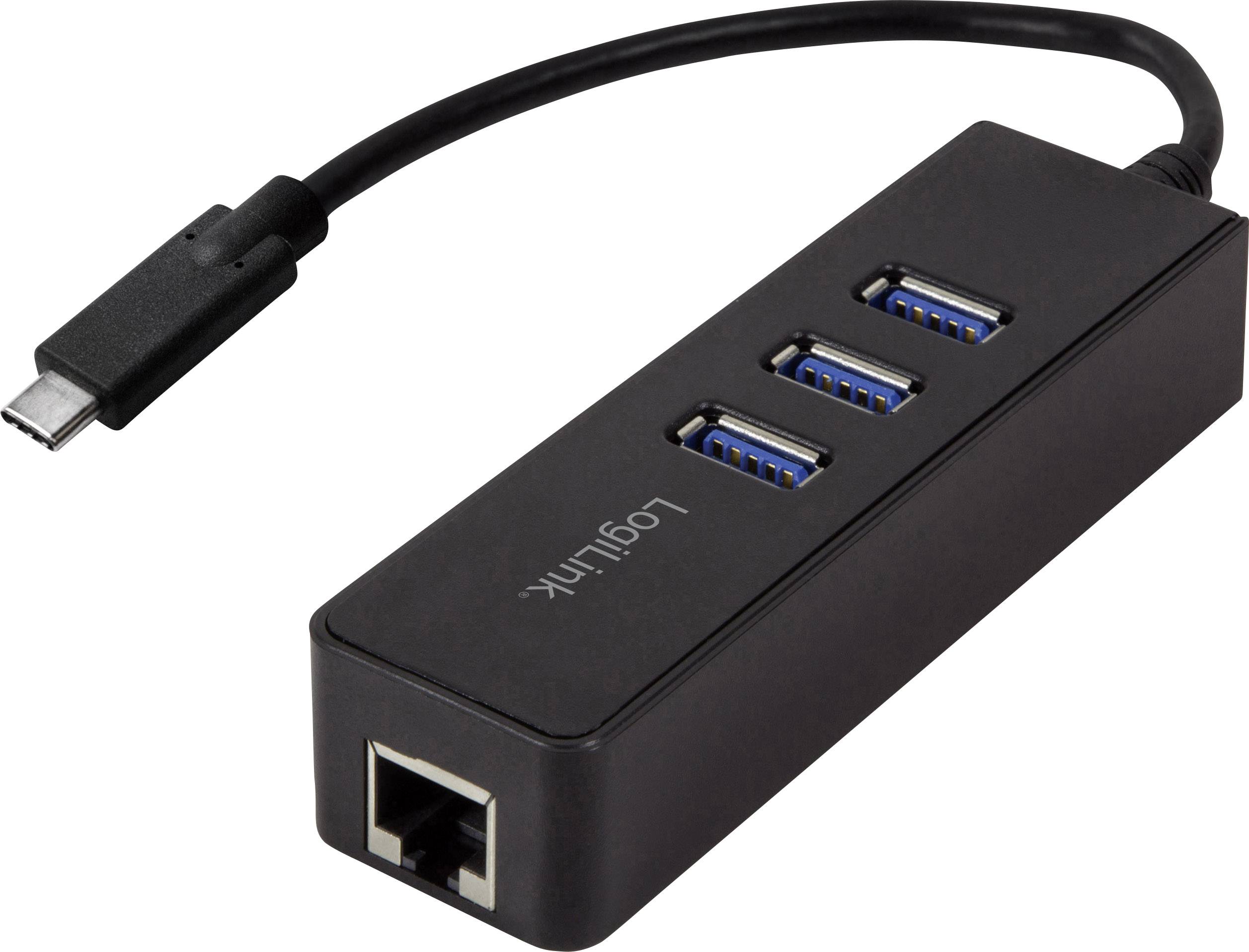 Ein schwarzer USB-Hub mit drei USB-3.0-Anschlüssen, Ethernet-Port und USB-C-Kabel zur Verbindung mit Geräten.