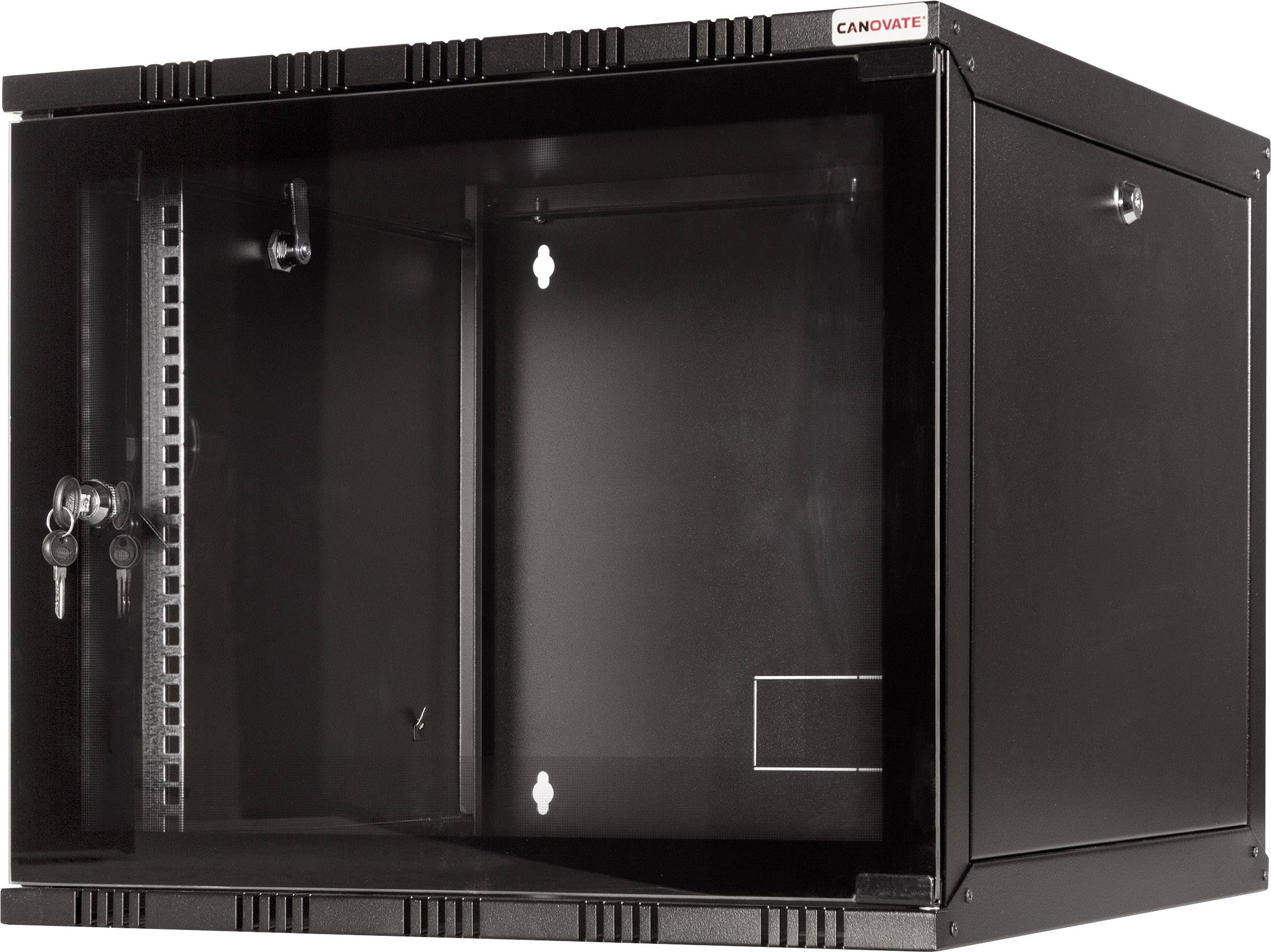 Schwarzer Server-Rack-Schrank mit Glastür, Schlüssel im Schloss, geeignet für IT-Infrastrukturen und Netzwerkausrüstung.