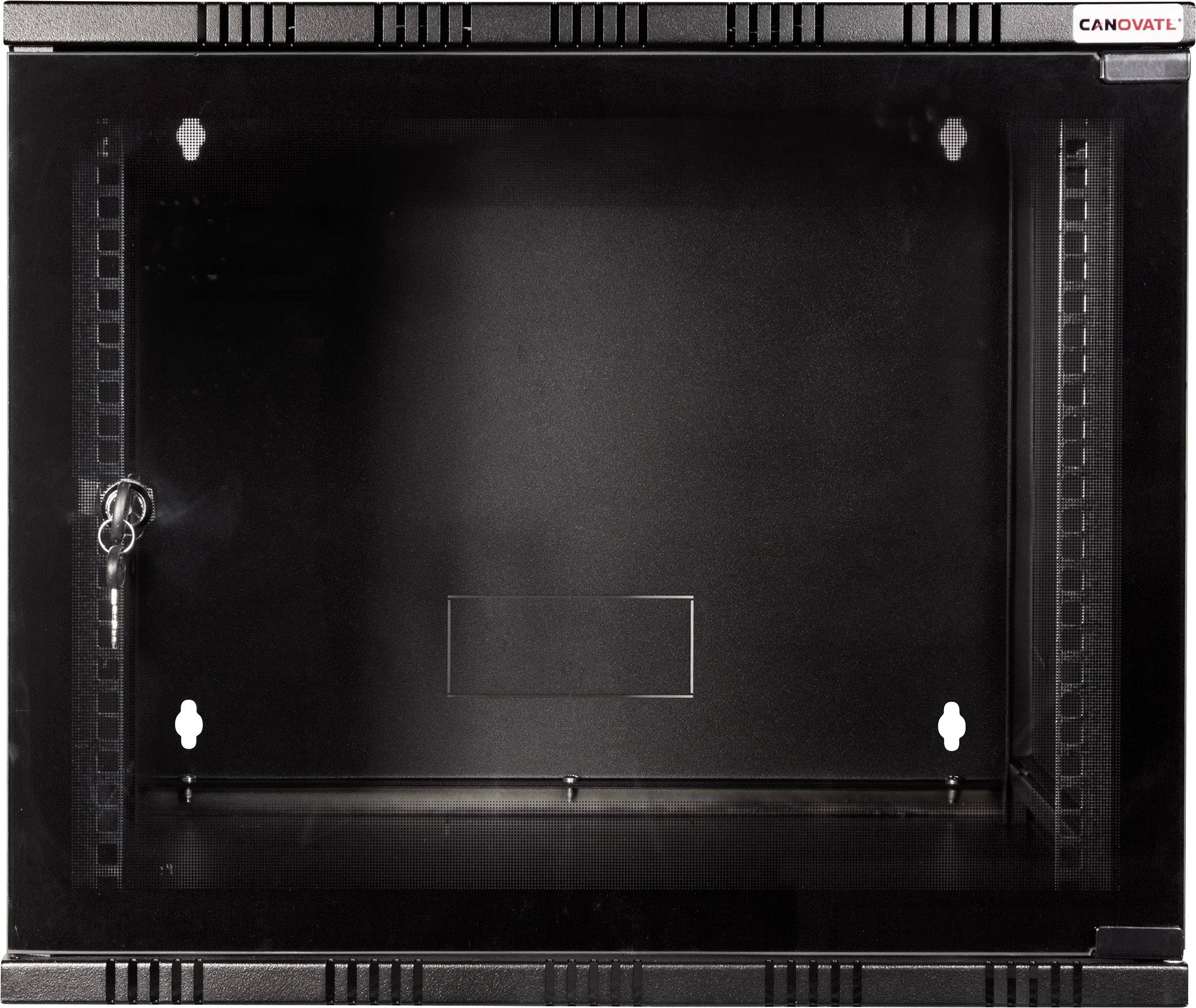 Ein schwarzer Wandschrank mit Glastür und Schlüsselschloss, geeignet für Netzwerkgeräteinstallation.