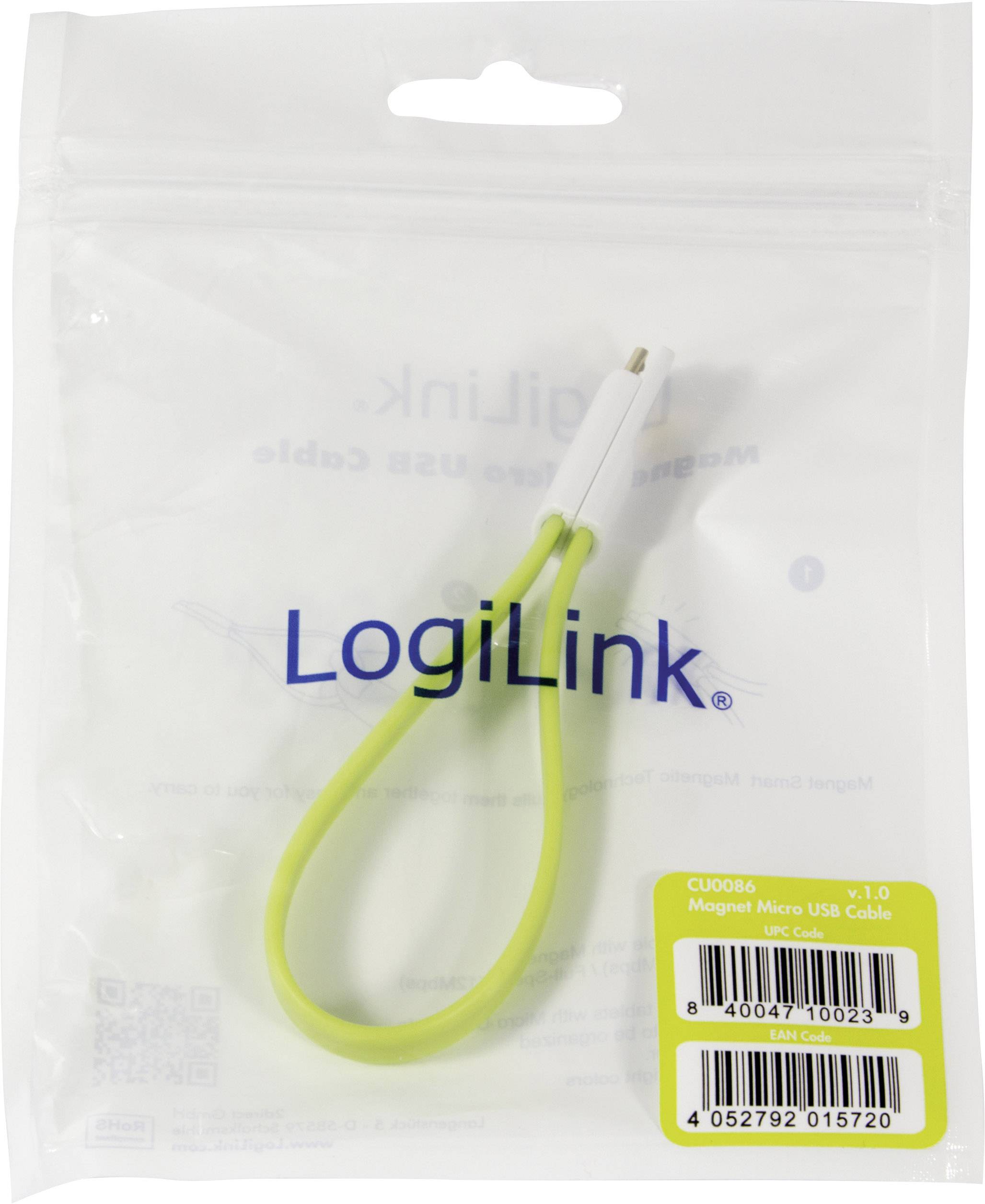 LogiLink USB-Kabel USB 2.0 USB-A Stecker, USB-Micro-B Stecker 0.22 m Grün Magnet an den Kabelenden CU0086