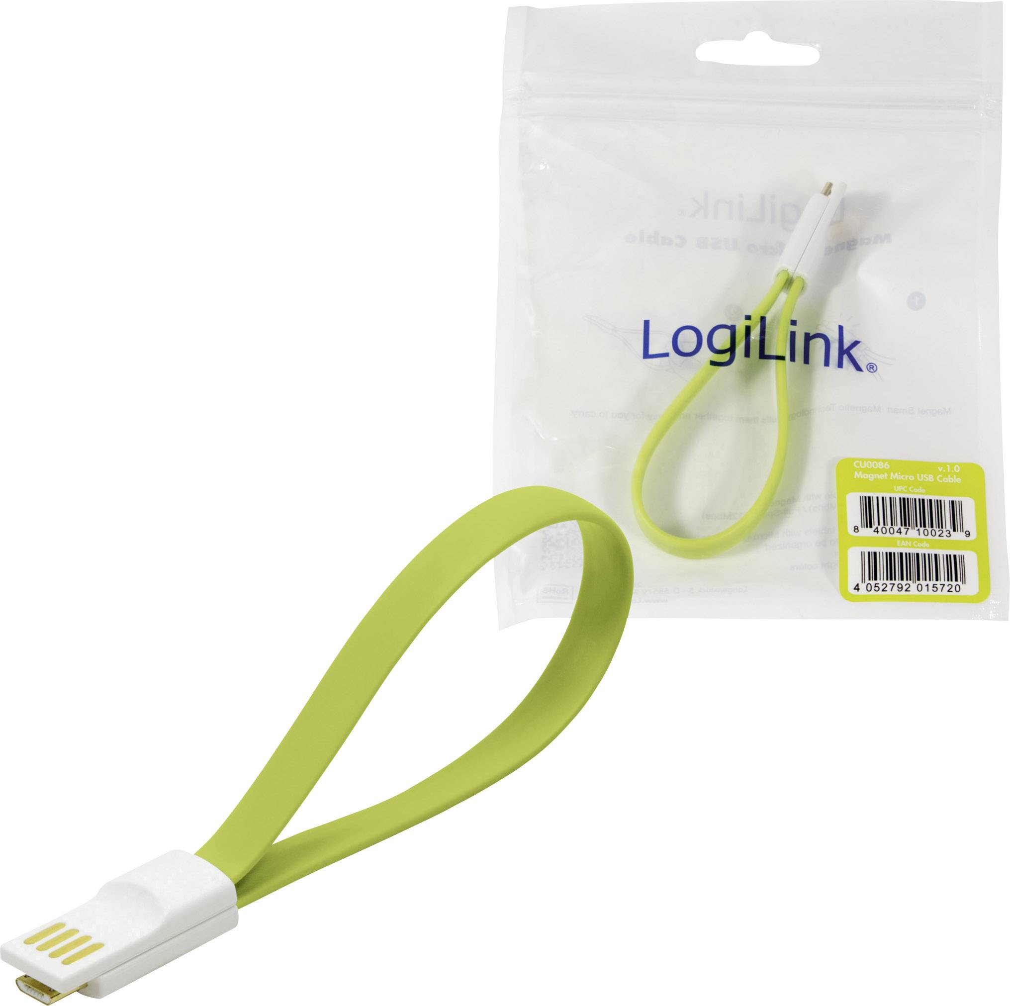 LogiLink USB-Kabel USB 2.0 USB-A Stecker, USB-Micro-B Stecker 0.22 m Grün Magnet an den Kabelenden CU0086