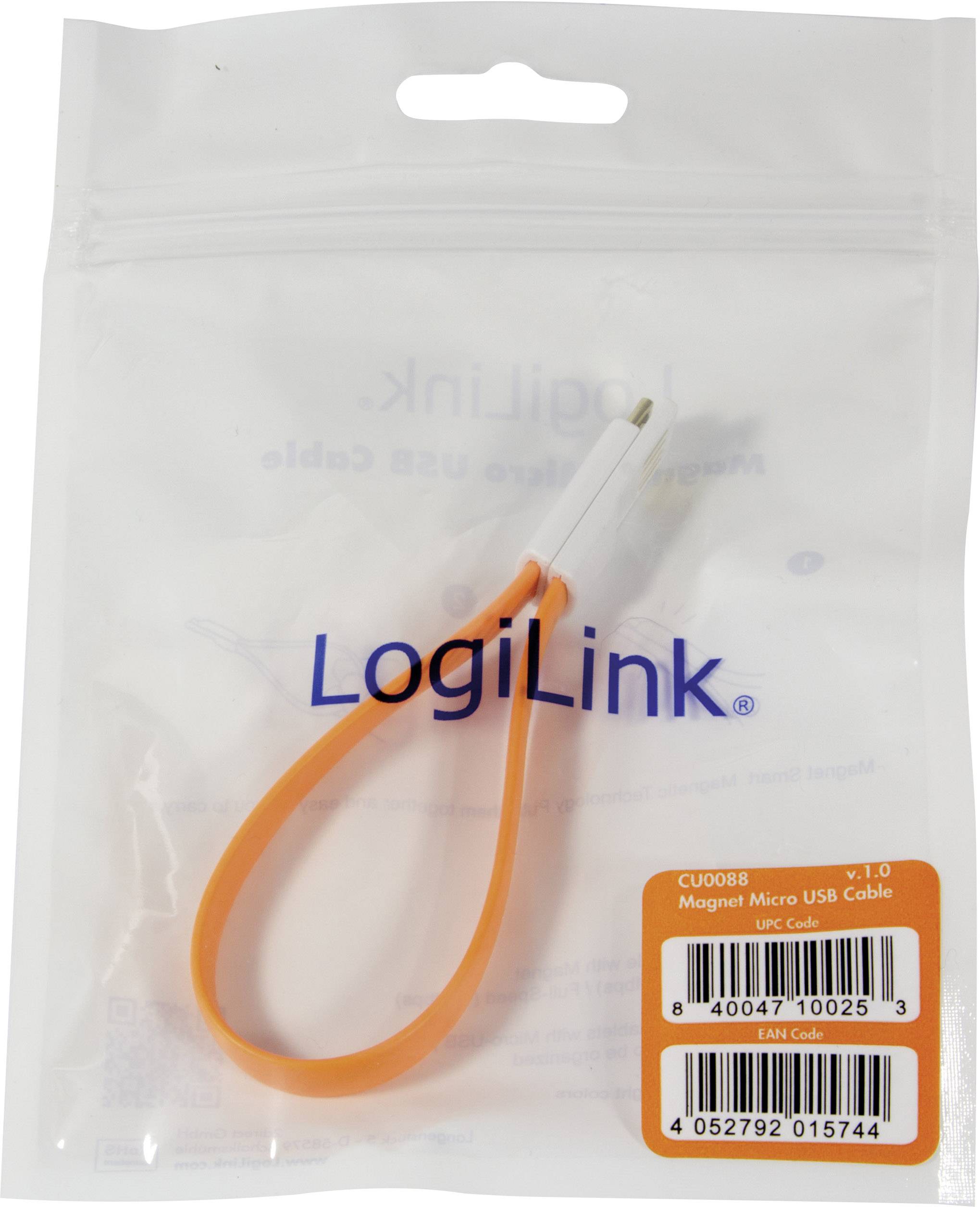 LogiLink USB-Kabel USB 2.0 USB-A Stecker, USB-Micro-B Stecker 0.22 m Orange Magnet an den Kabelenden CU0088