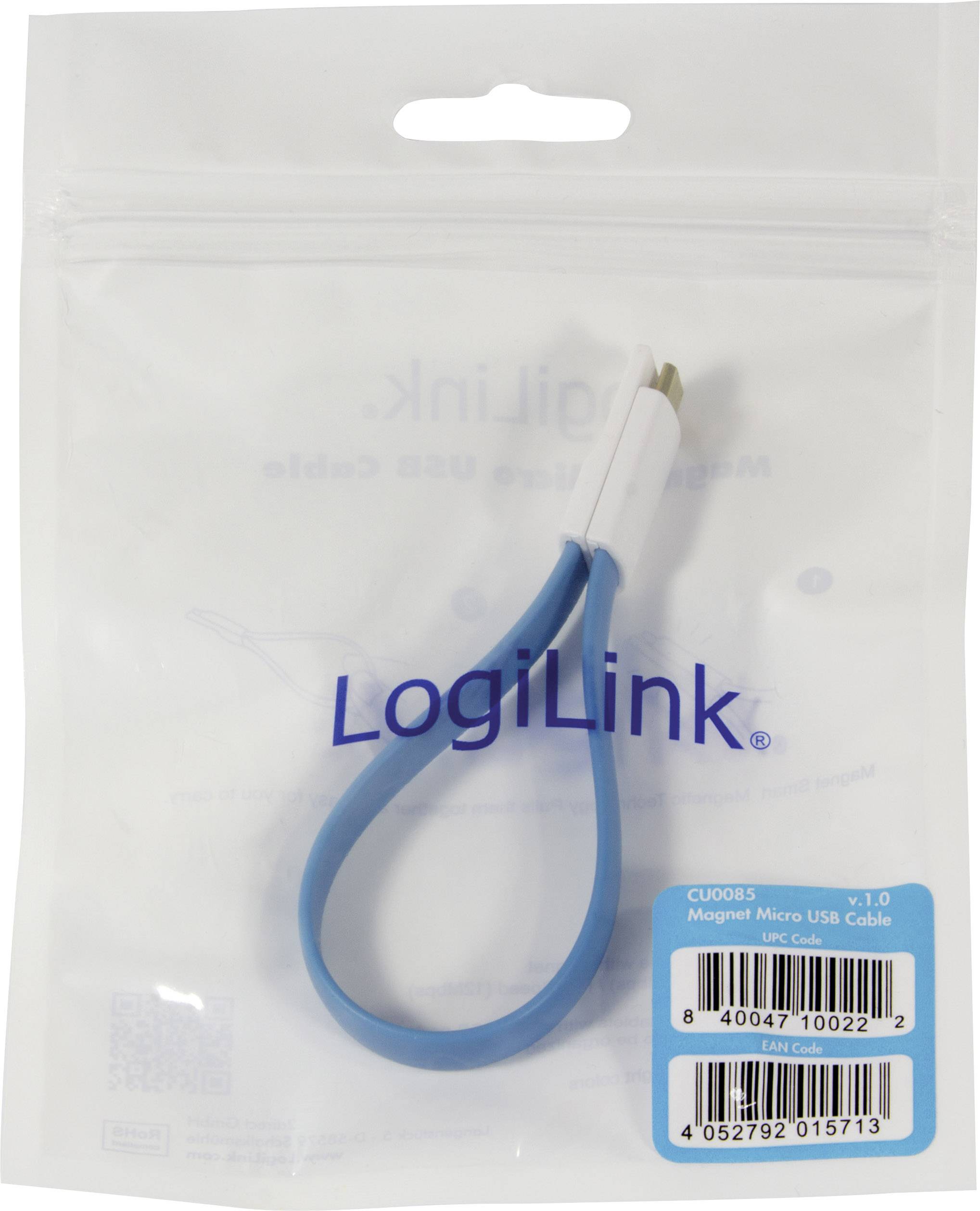 LogiLink USB-Kabel USB 2.0 USB-A Stecker, USB-Micro-B Stecker 0.22 m Blau Magnet an den Kabelenden CU0085