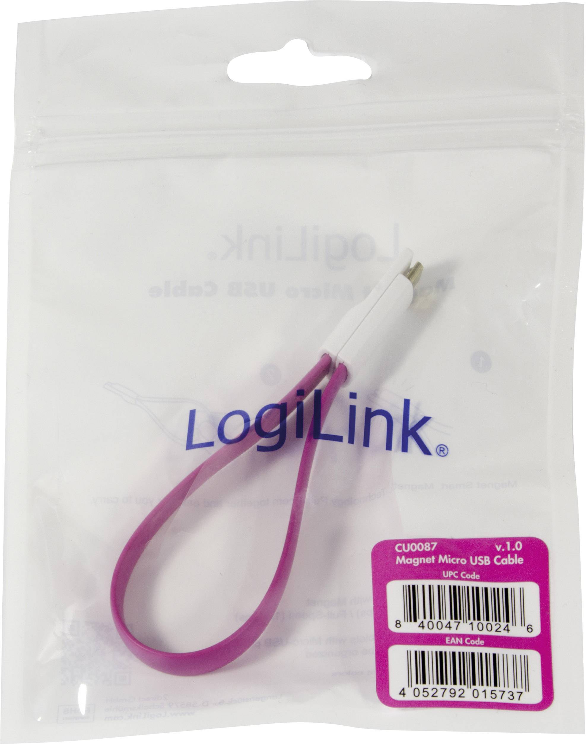 Tüte mit LogiLink Magnet Micro USB Kabel, Modellnummer CU0087, Version 1.0, in Pink. Verpackt in transparenter Plastiktüte.