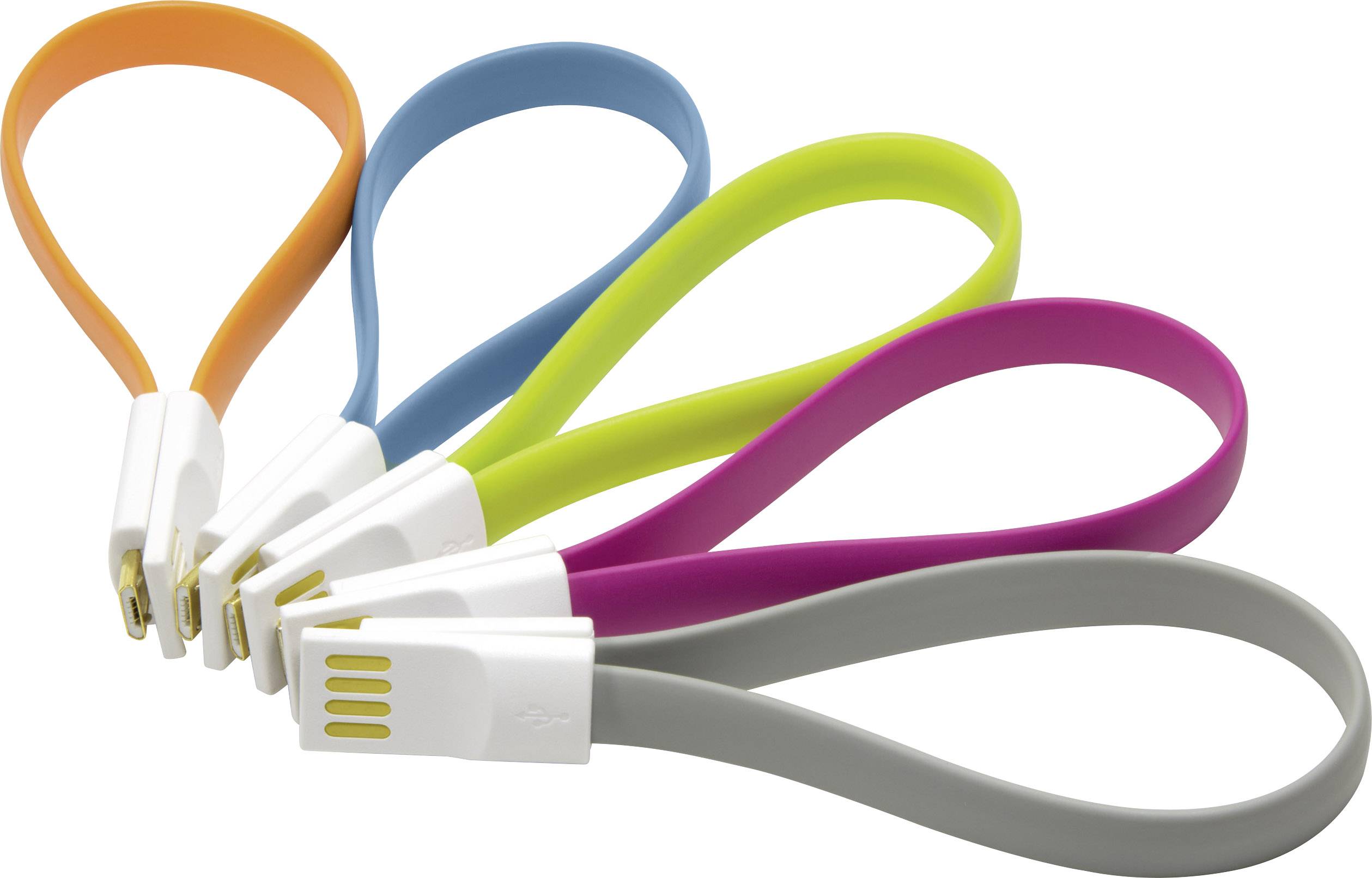 Fünf bunte USB-Ladekabel in Schlaufenform auf weißem Hintergrund: orange, blau, grün, pink, grau.