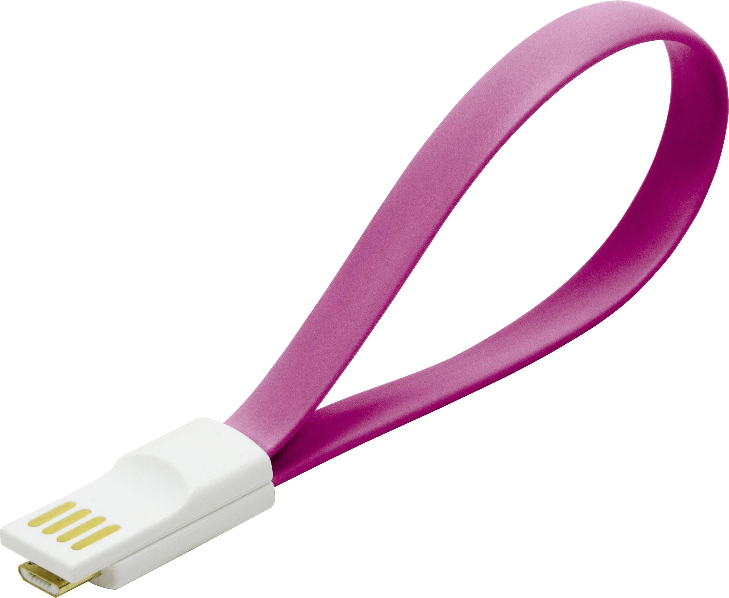 Ein pinkes USB-Kabel mit Schlaufenform und weißem Stecker liegt auf weißem Hintergrund.