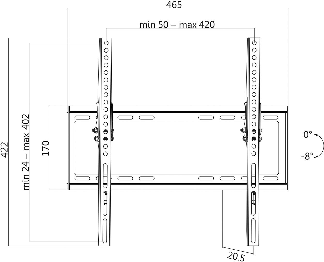 Diagramm einer TV-Wandhalterung mit verstellbaren Schienen, zeigt Maße: Breite 465 mm, Höhe 422 mm, Neigungswinkel 0° bis -8°.