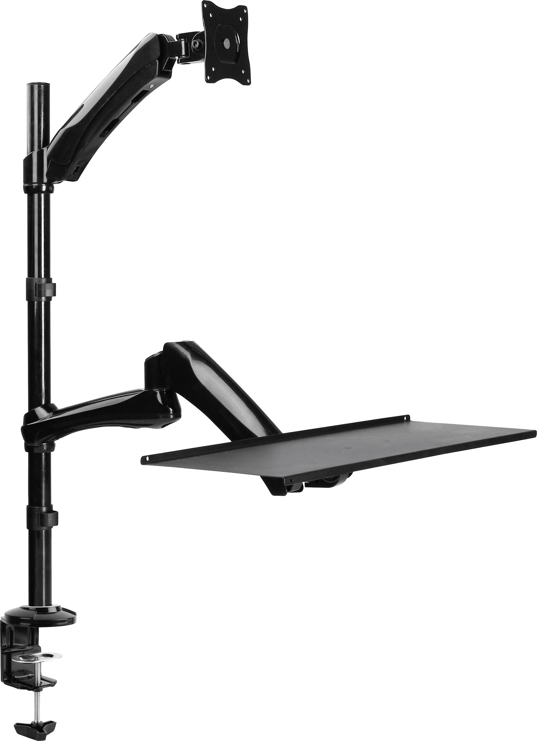 Monitorhalterung mit Arm, Klemme und Ablagefläche für Tastatur oder Laptop, geeignet für Schreibtische zur ergonomischen Arbeitsgestaltung.