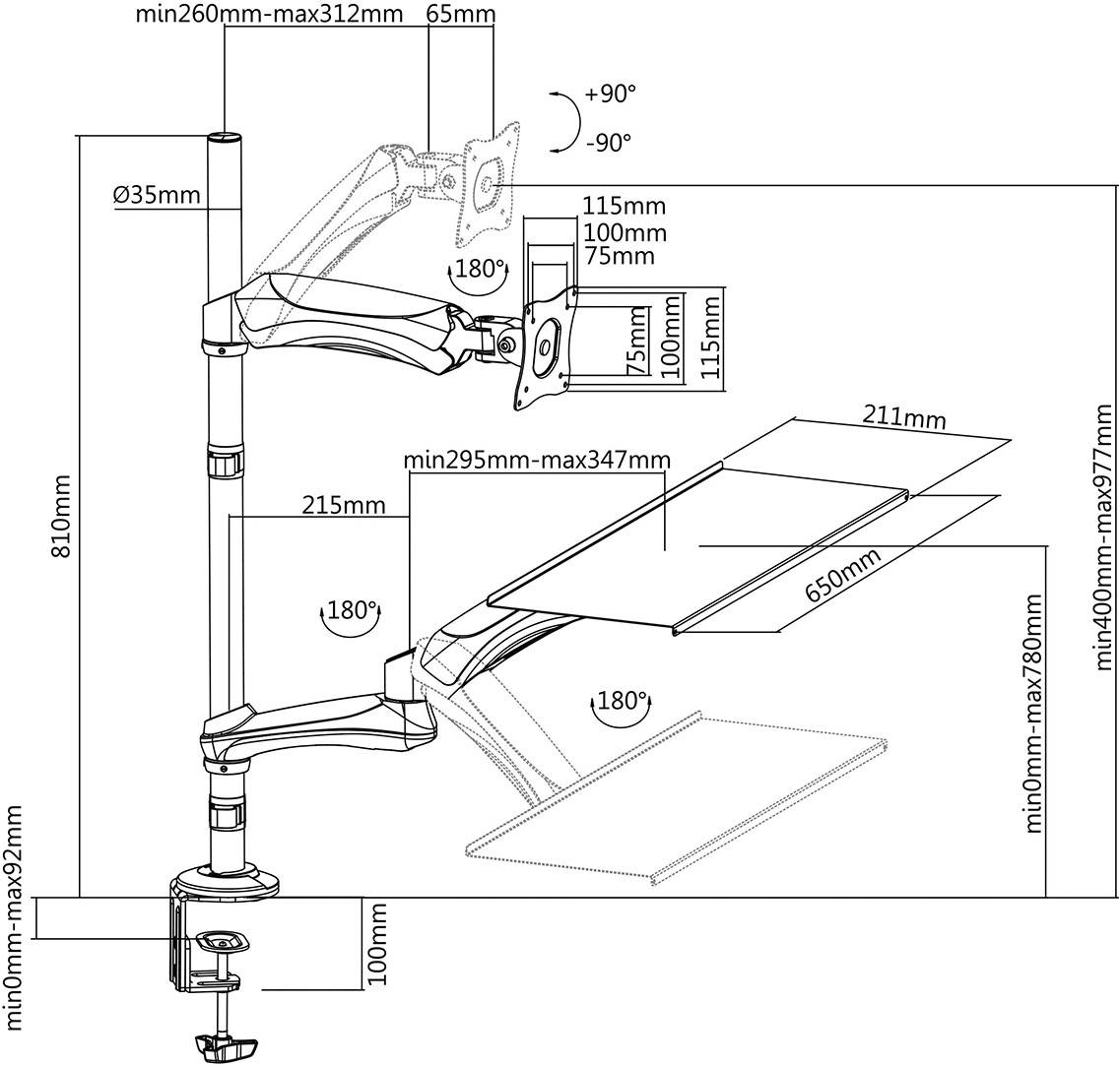 Technische Zeichnung eines verstellbaren Monitorarms mit Maßen: Höhe 810mm, Drehwinkel 180°, Neigung +90°/-90°, Armlängen und Höhen variabel.
