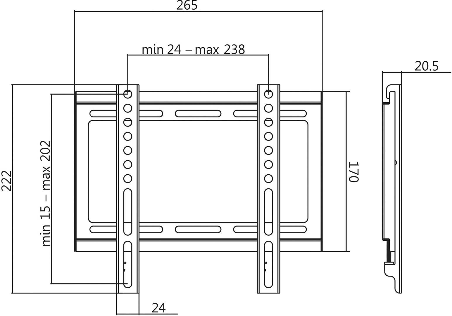 Diagramm zeigt Maße einer TV-Wandhalterung: Breite 265 mm, Höhe 222 mm, Tiefe 20,5 mm, verstellbare Länge zwischen 202 mm und 238 mm.