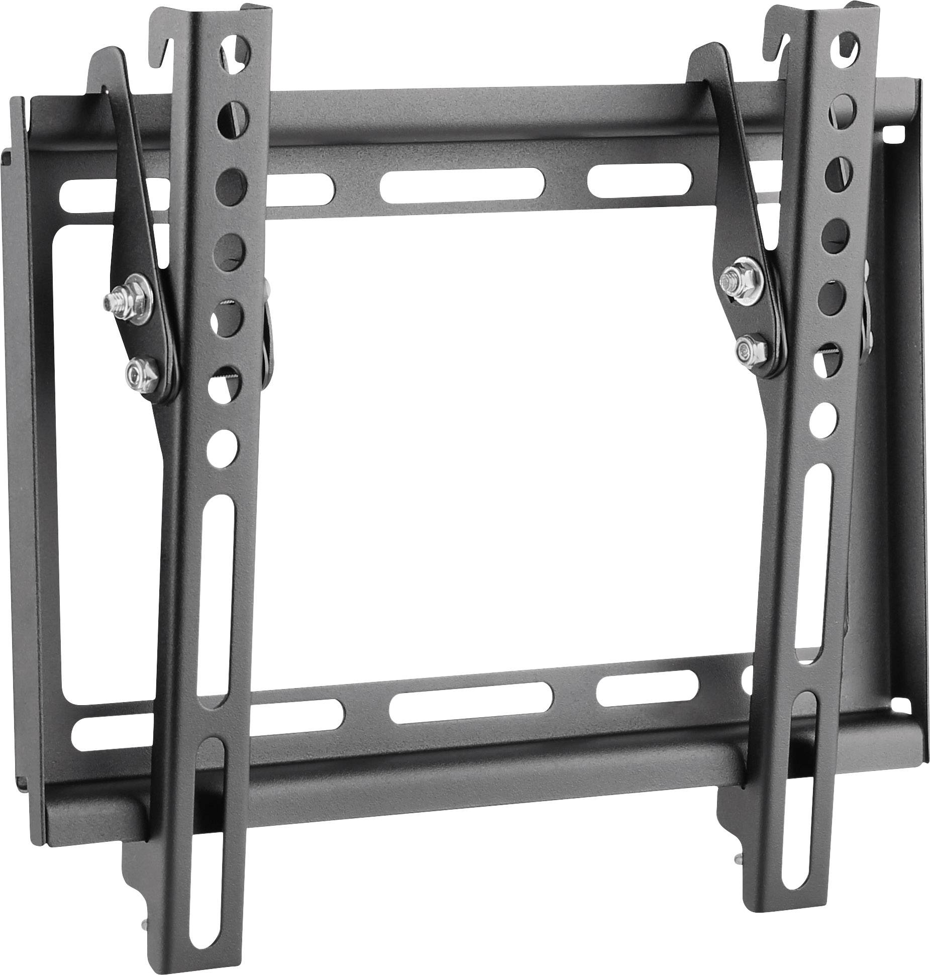 Ein schwarzer TV-Wandhalter aus Metall mit verstellbaren Armlehnen und Befestigungsschienen für die Montage eines Fernsehers.