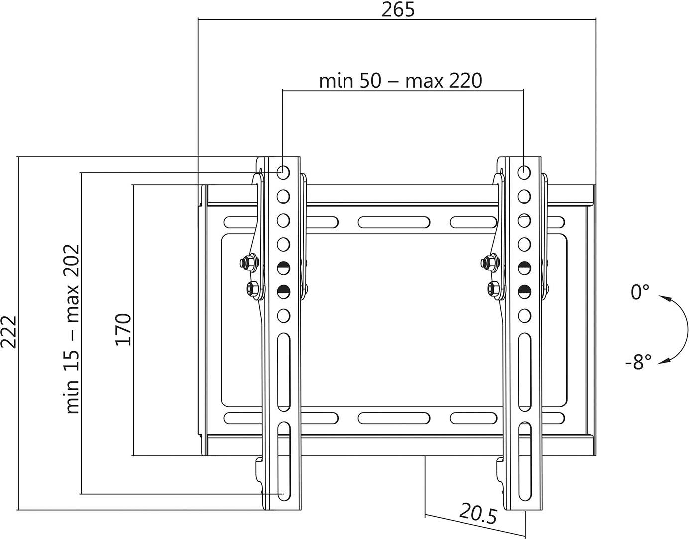 TV-Wandhalterung, schwenkbar. Montageabstand: Breite 265 mm, Höhe 222 mm. Schwenkwinkel von 0° bis -8°. Verstellbereich: min 50 bis max 220 mm.