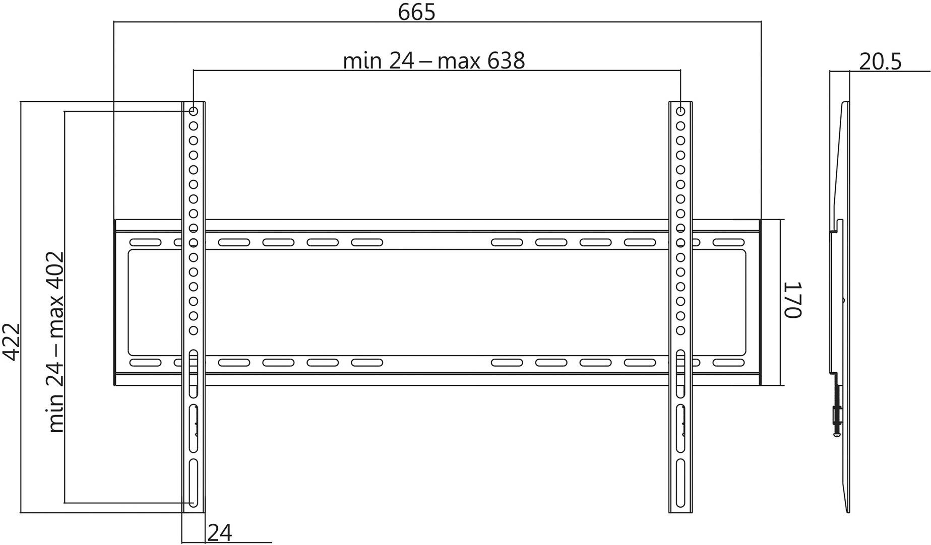 Technische Zeichnung einer TV-Wandhalterung mit Maße: Breite 665 mm, Höhe 422 mm, Tiefe 20.5 mm; verstellbarer Bereich 24-402 mm.