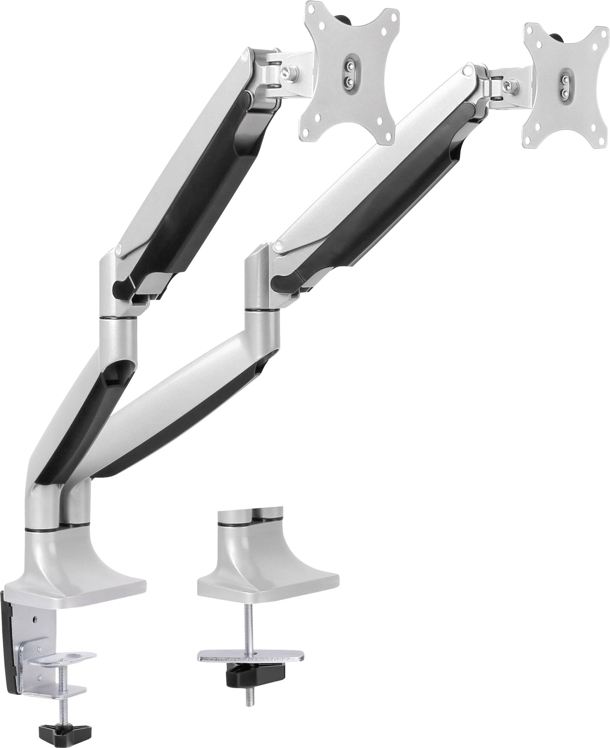 Zwei verstellbare Monitorarme aus Metall, montierbar an einem Tischrand, für flexible Bildschirmplatzierung und Höhenverstellung.