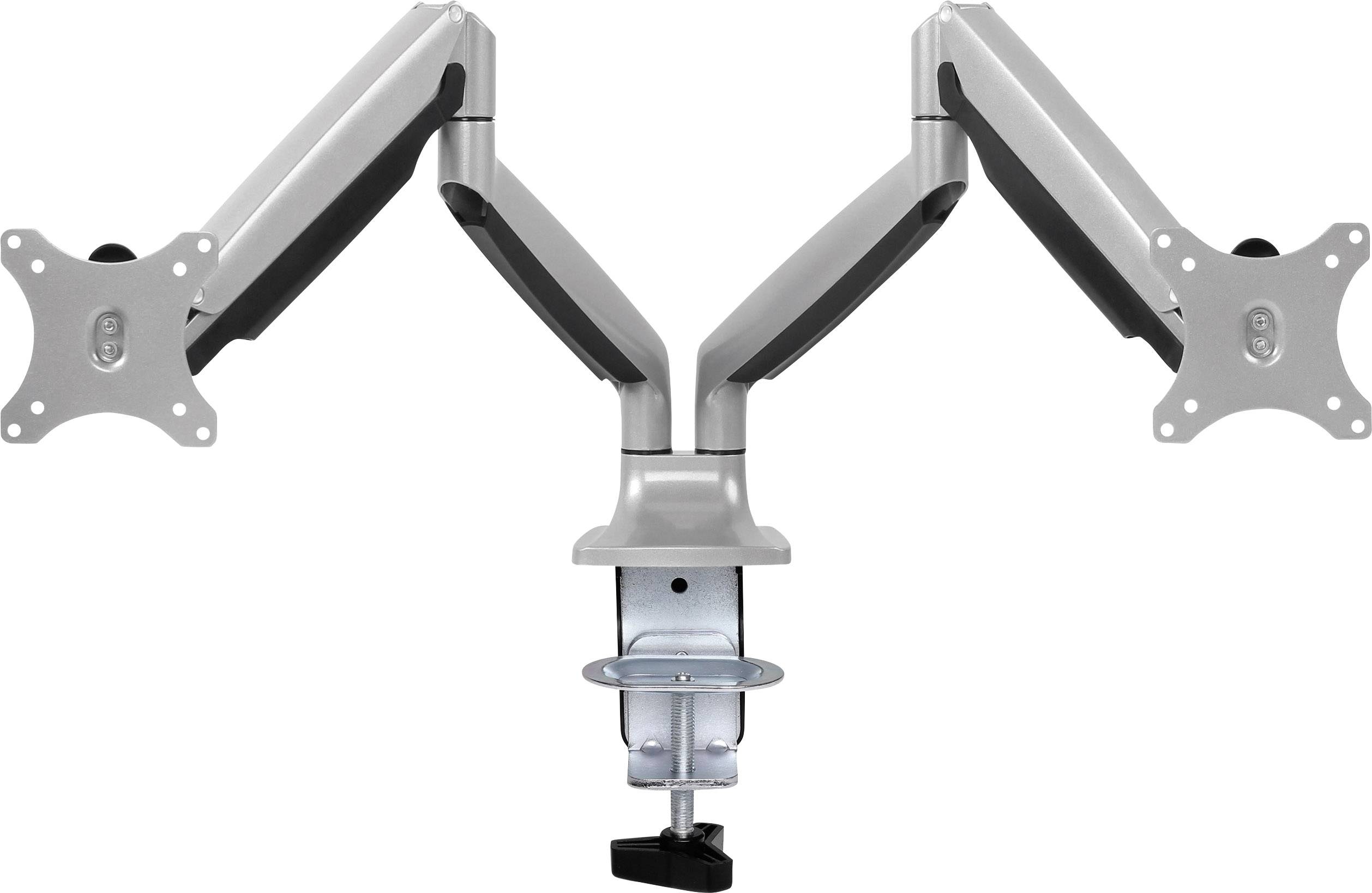 Zwei Monitorarme mit Klemmbefestigung, Gelenken zur flexiblen Positionierung und VESA-Halterungen. Geeignet für ergonomische Bildschirmaufstellung.