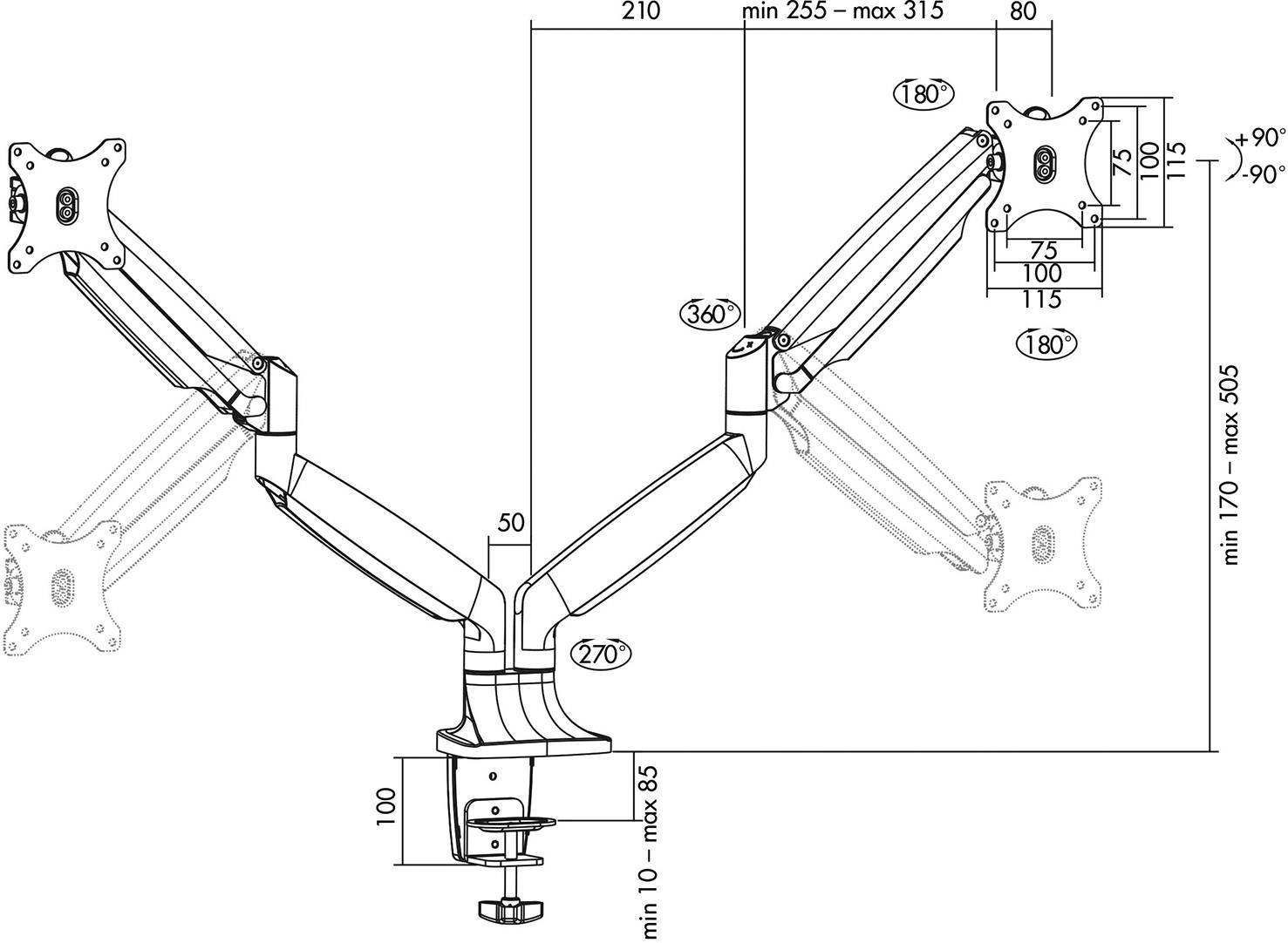 Technische Zeichnung eines Monitorarms mit Abmessungen und Bewegungswinkeln. Zeigt Montagemöglichkeiten und Flexibilität der Arme.