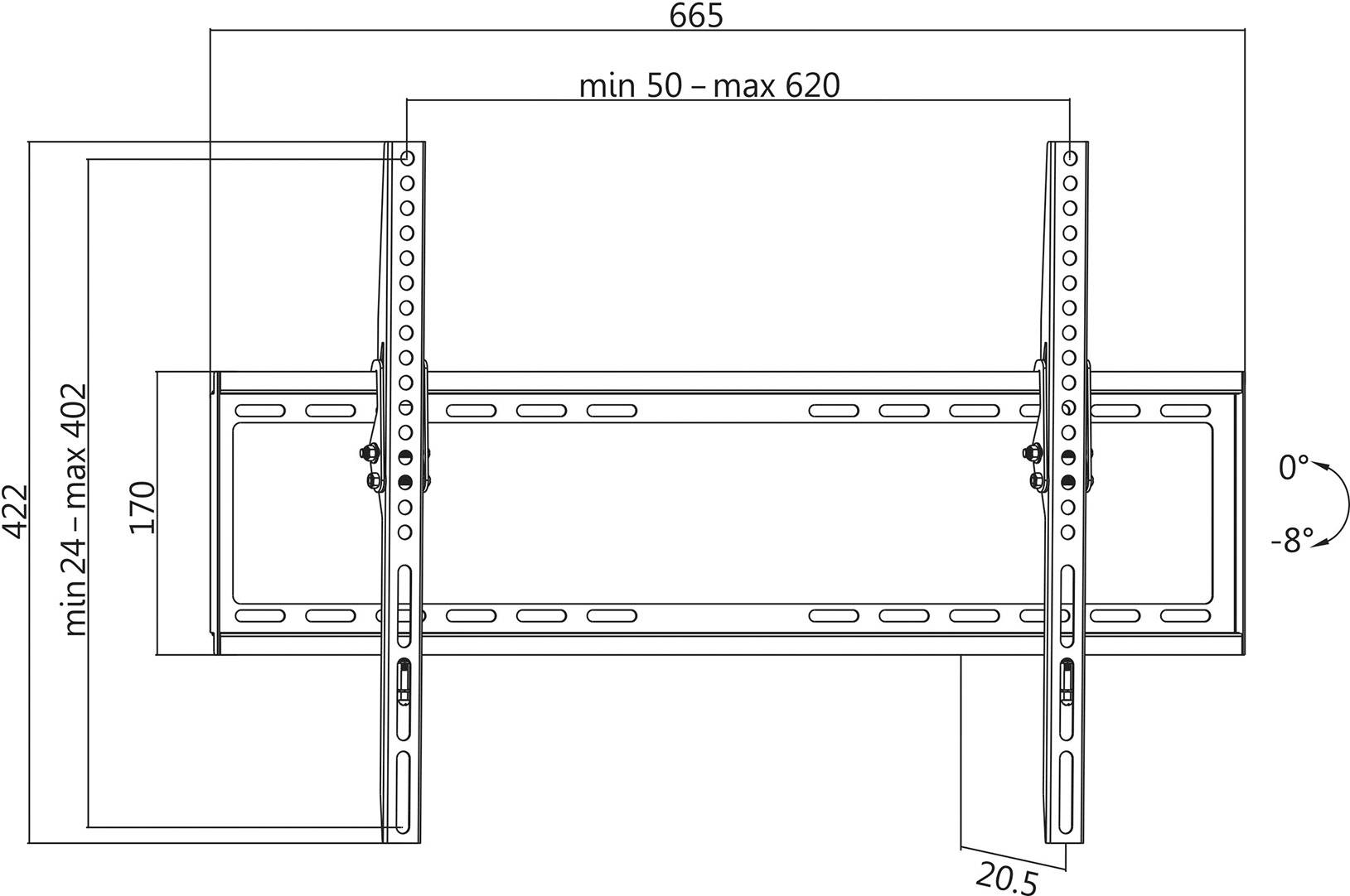 Abbildung eines verstellbaren Wandhalterungsschwenkarm für Monitore, mit Abmessungen in Millimetern. Neigungswinkel von 0° bis -8°.