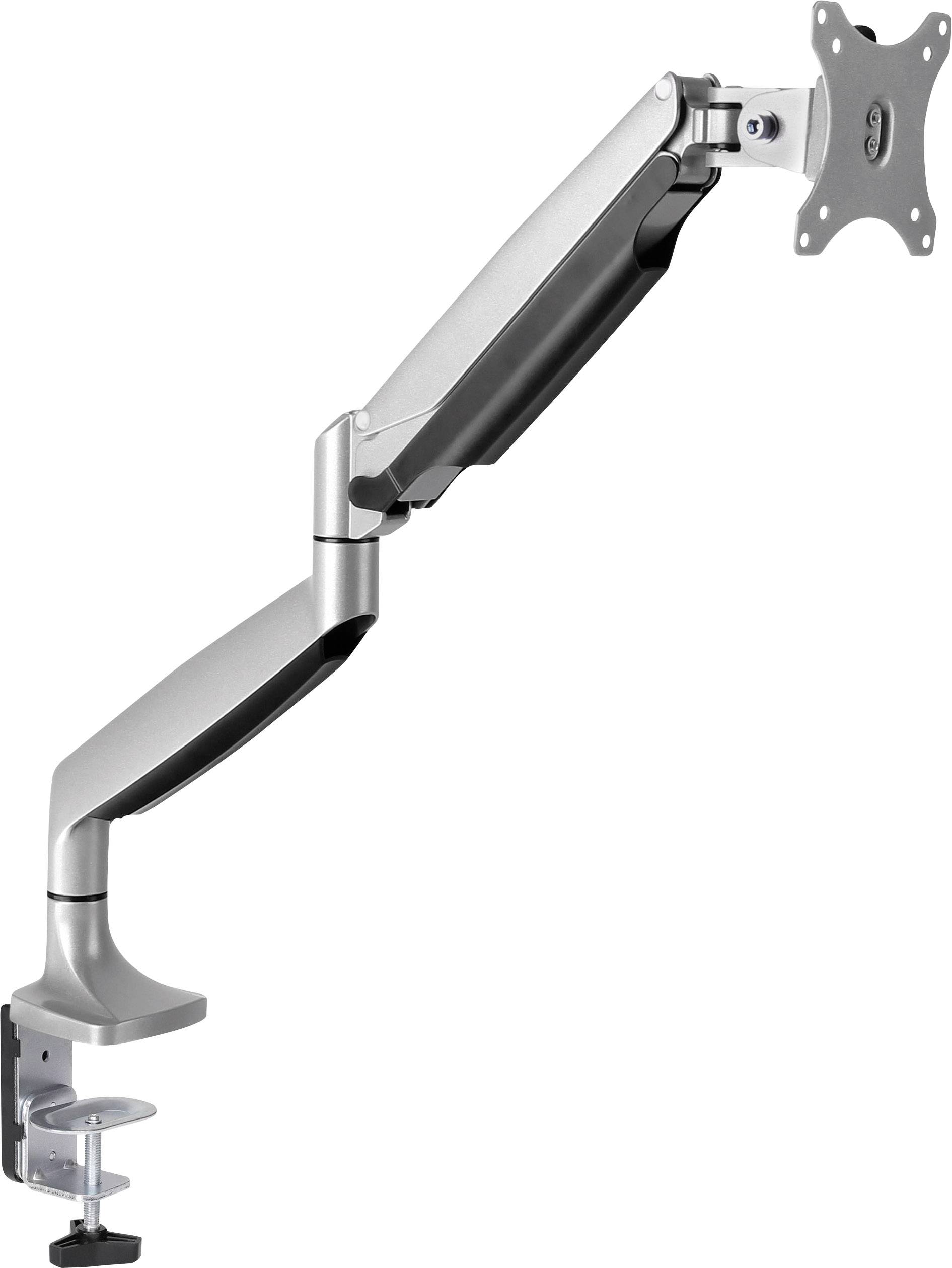Verstellbarer Monitorarm aus Metall, montierbar an einem Schreibtisch. Eignet sich zur flexiblen Positionierung von Bildschirmen.