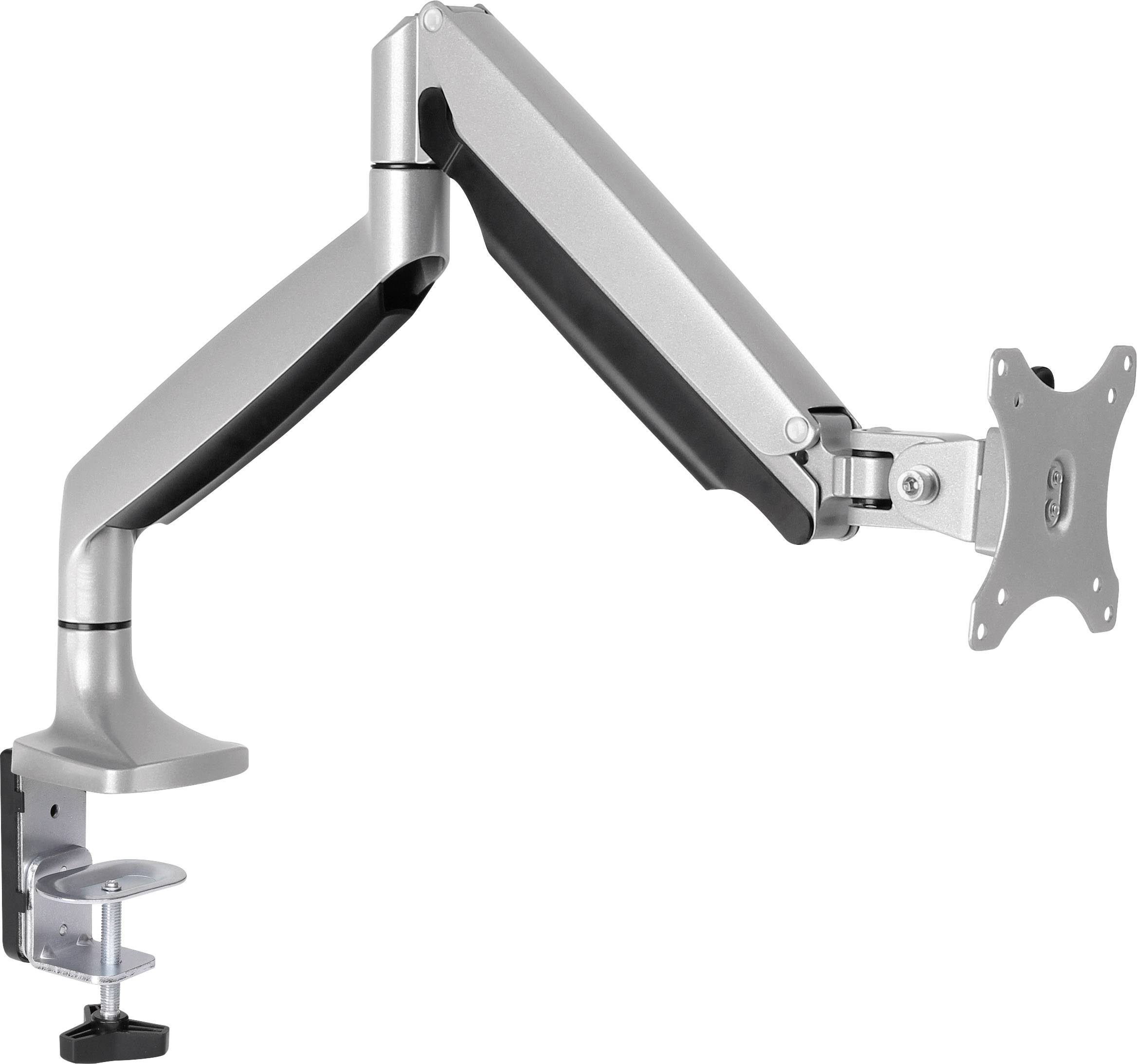 Ein verstellbarer Monitorarm aus Metall, der an einem Tisch montiert ist. Er ermöglicht flexible Positionierung eines Bildschirms.