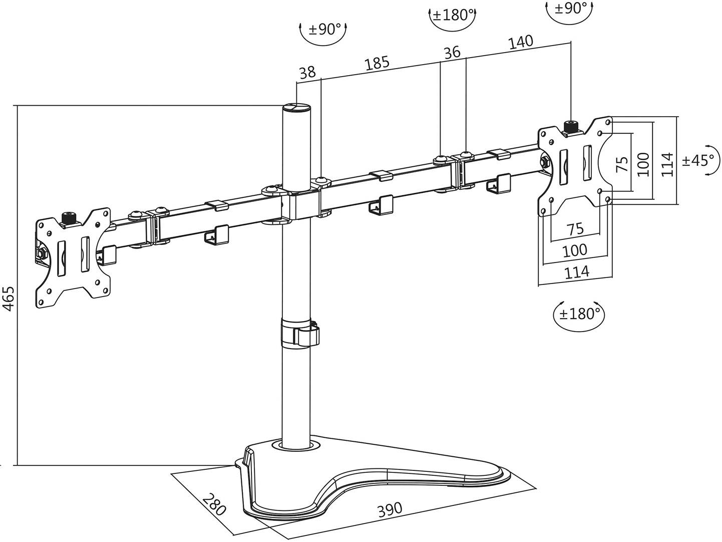 Technische Zeichnung eines Doppel-Monitorständers mit Abmessungen: Höhe 465 mm, Breite 140 bis 390 mm. Neigungswinkel ±90°/±180°/±45°.
