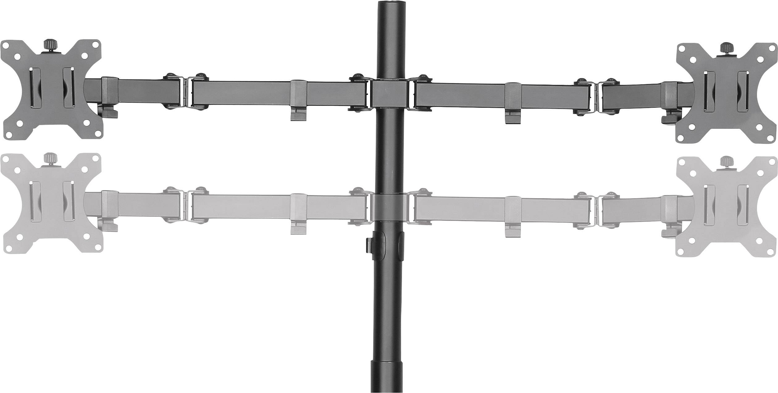 Ein horizontaler Monitorhalter mit zwei Armen, jeder ausgestattet mit zwei verstellbaren VESA-Halterungen für Monitore.