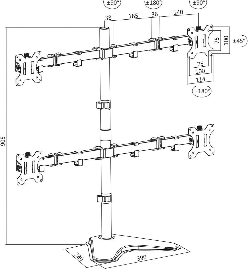 Monitorhalterung mit zwei verstellbaren Armen für vier Bildschirme, Höhenverstellbar bis 905 mm. Maximale Belastung pro Arm: 8 kg.