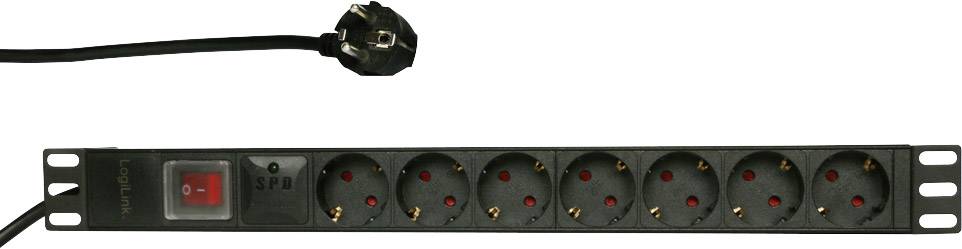 '6-fach Steckdosenleiste' mit Schalter und Kabel. Schwarzes Design für den Einbau in Serverracks oder zur stationären Verwendung.