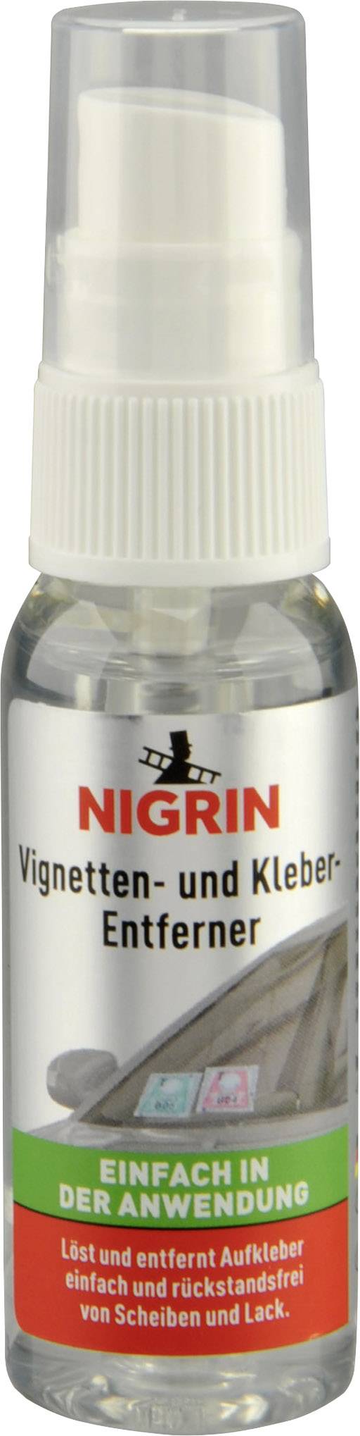 Sprühflasche des Nigrin Vignetten- und Kleber-Entferners mit Etikett: 'Einfach in der Anwendung', geeignet für Scheiben und Lack.